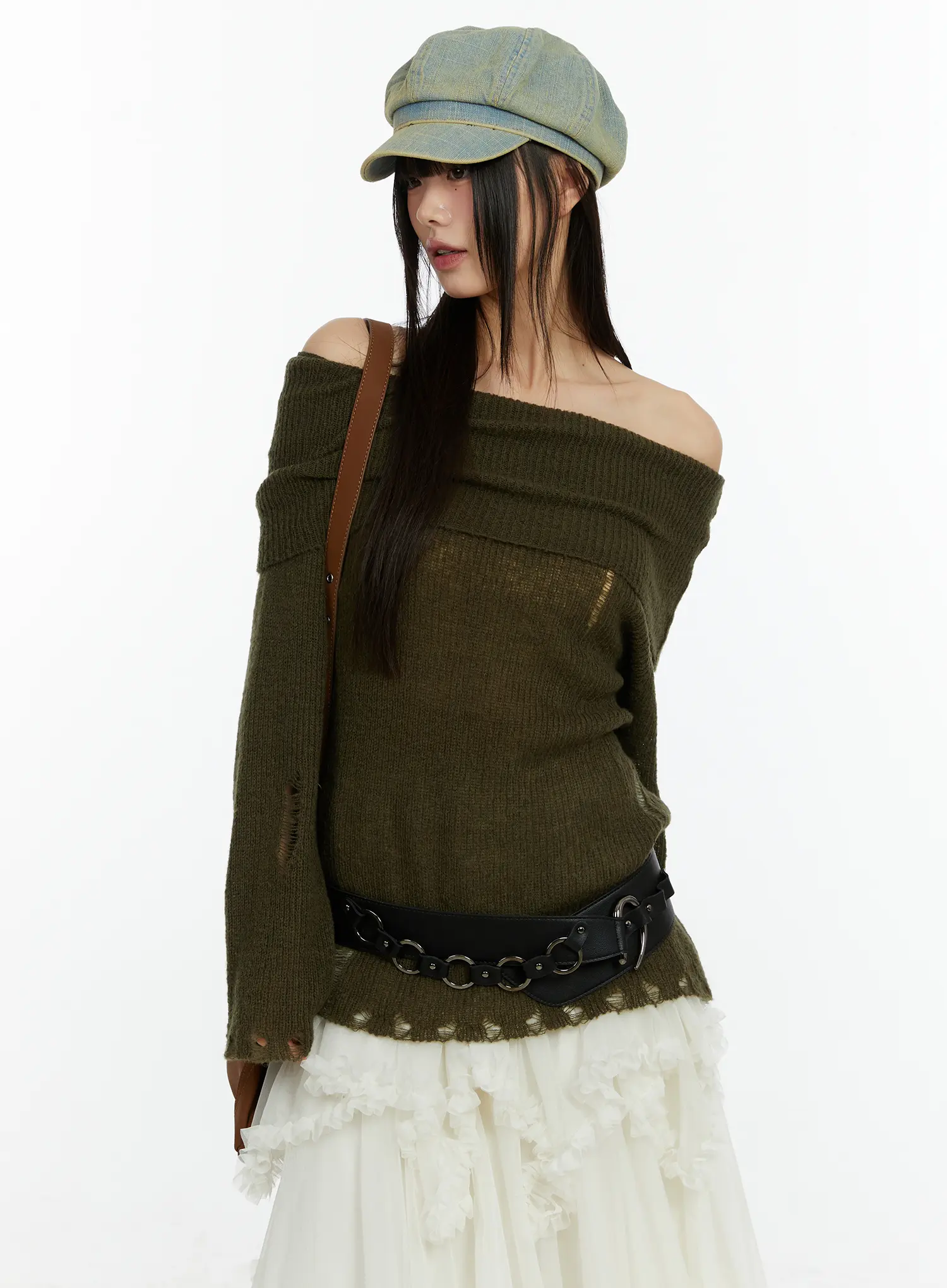 Distressed Off-Shoulder Knit Top CF510