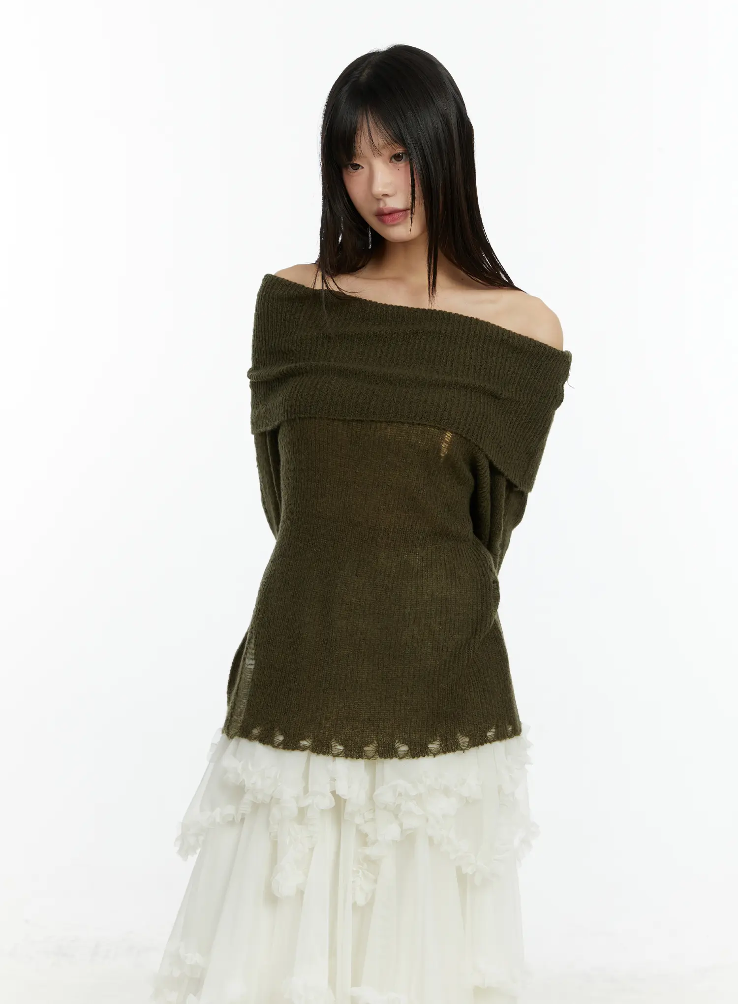 Distressed Off-Shoulder Knit Top CF510 - Image 10