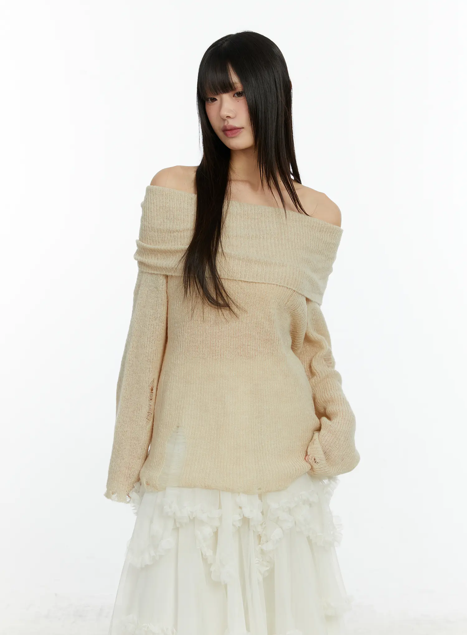 Distressed Off-Shoulder Knit Top CF510 - Image 11