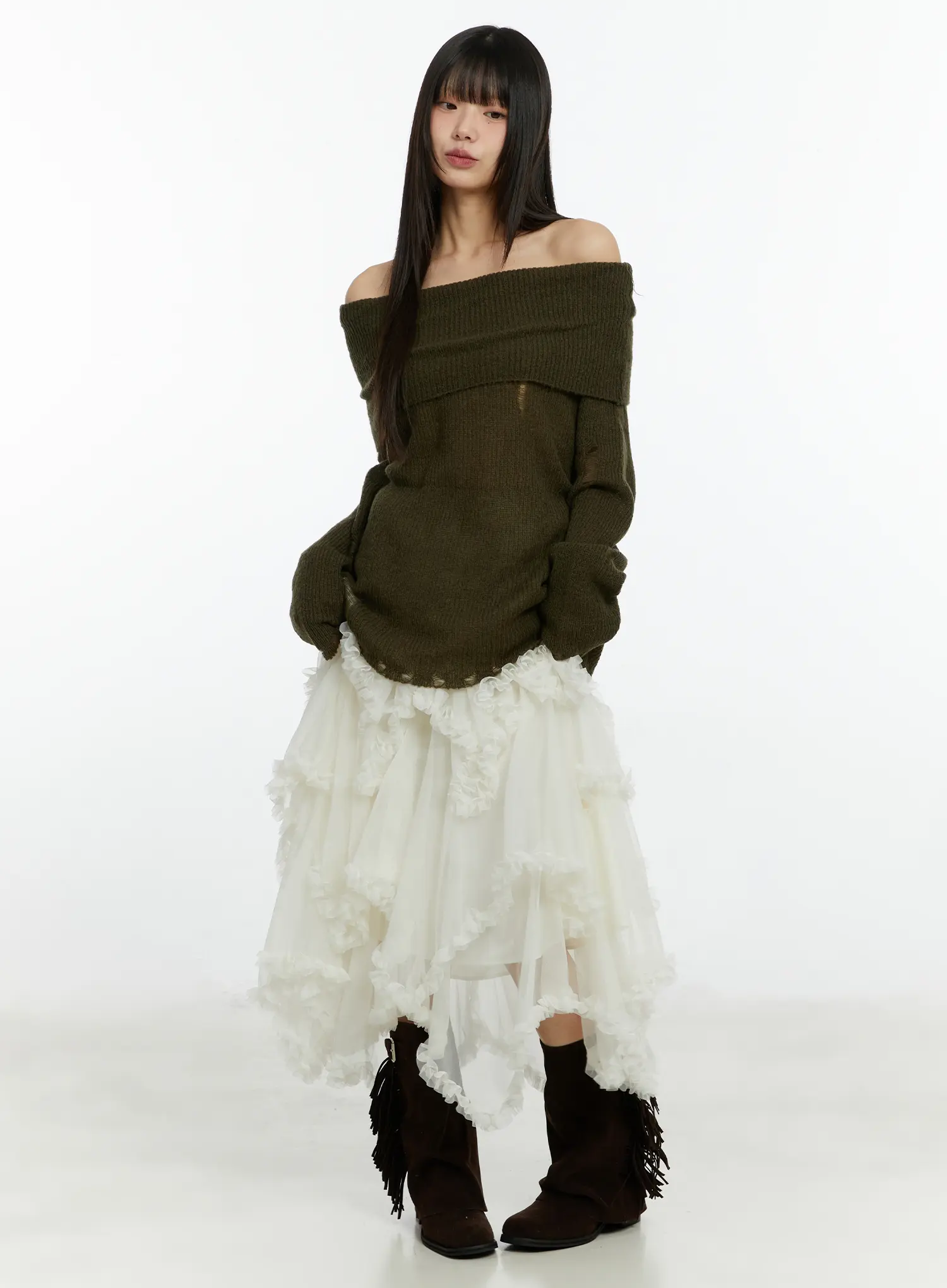 Distressed Off-Shoulder Knit Top CF510 - Image 3