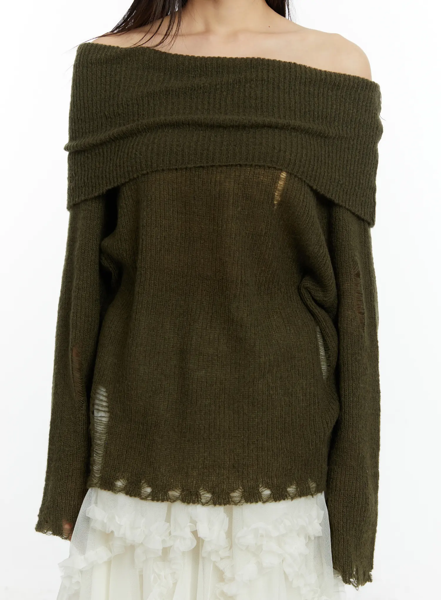 Distressed Off-Shoulder Knit Top CF510 - Image 8
