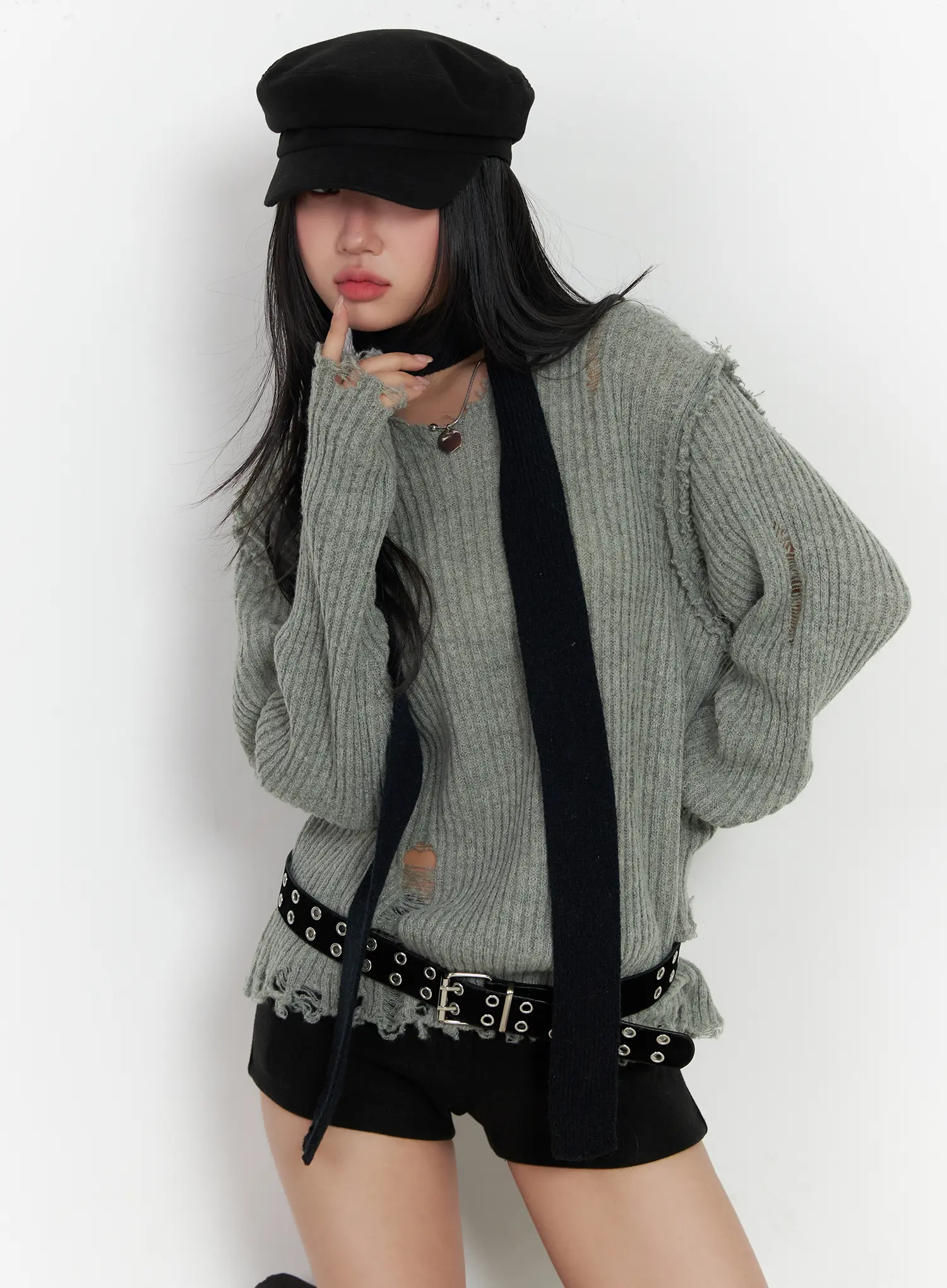 Distressed Oversized V-Neck Sweater CJ515