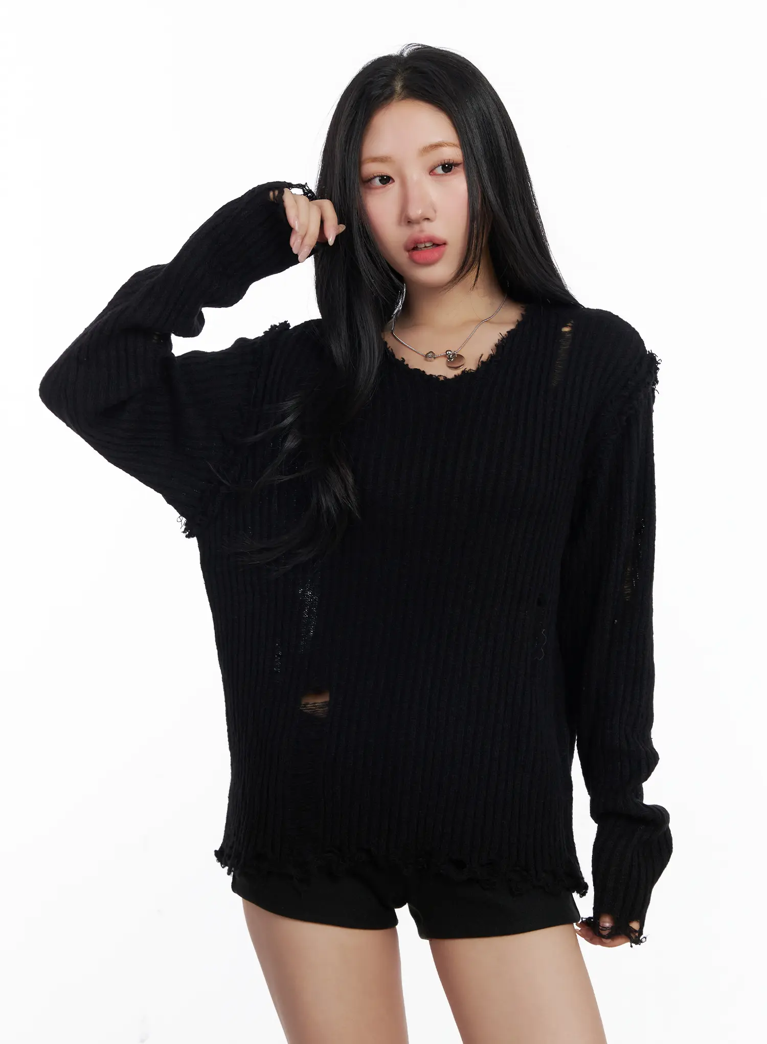 Distressed Oversized V-Neck Sweater CJ515 - Image 11