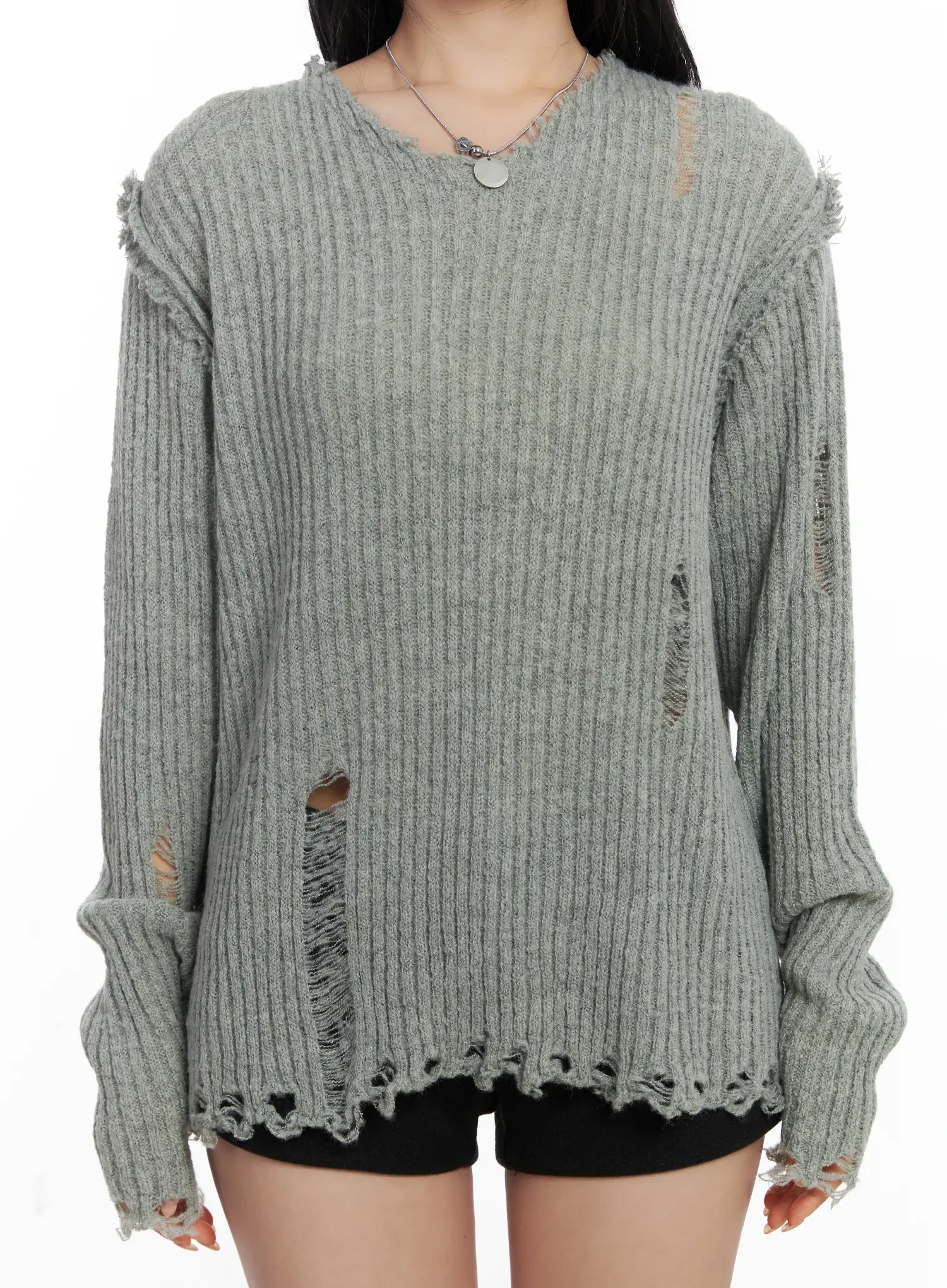 Distressed Oversized V-Neck Sweater CJ515 - Image 4