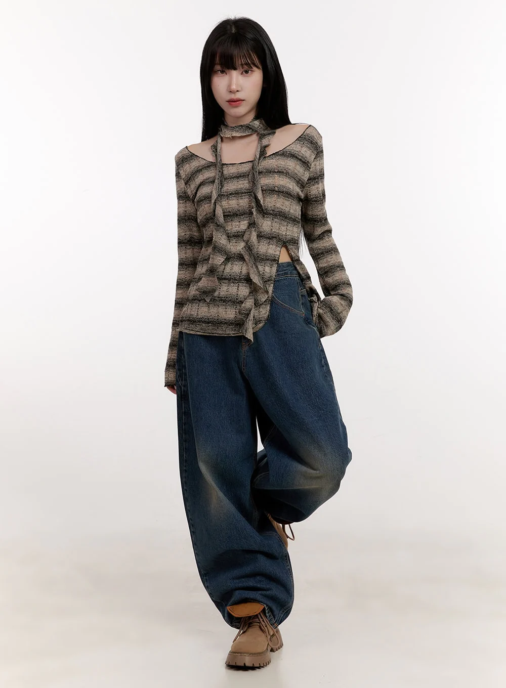 Distressed Striped Sweater with Scarf CJ531 - Image 2