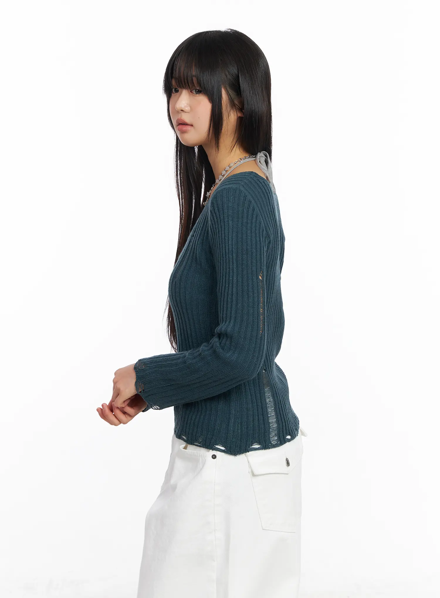 Distressed V-Neck Knit Sweater CF504 - Image 7