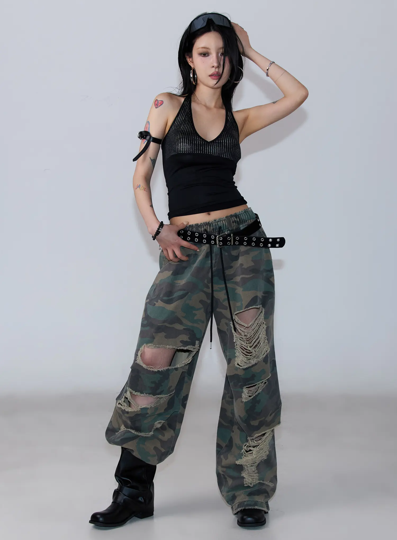 Distressed Wide-Leg Camo Pants CF527