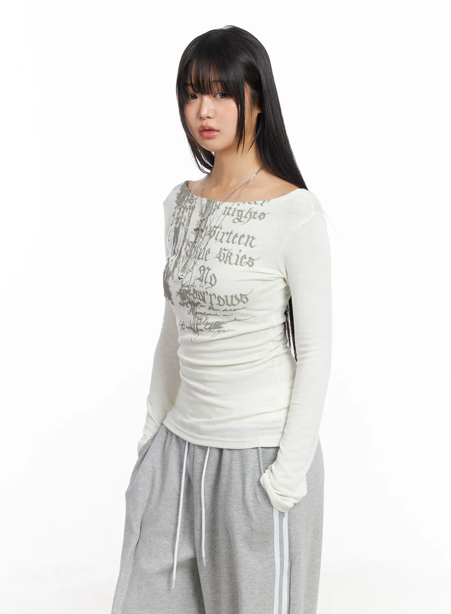 Edgy Boat Neck Graphic Long Sleeve Tee CF506 - Image 15