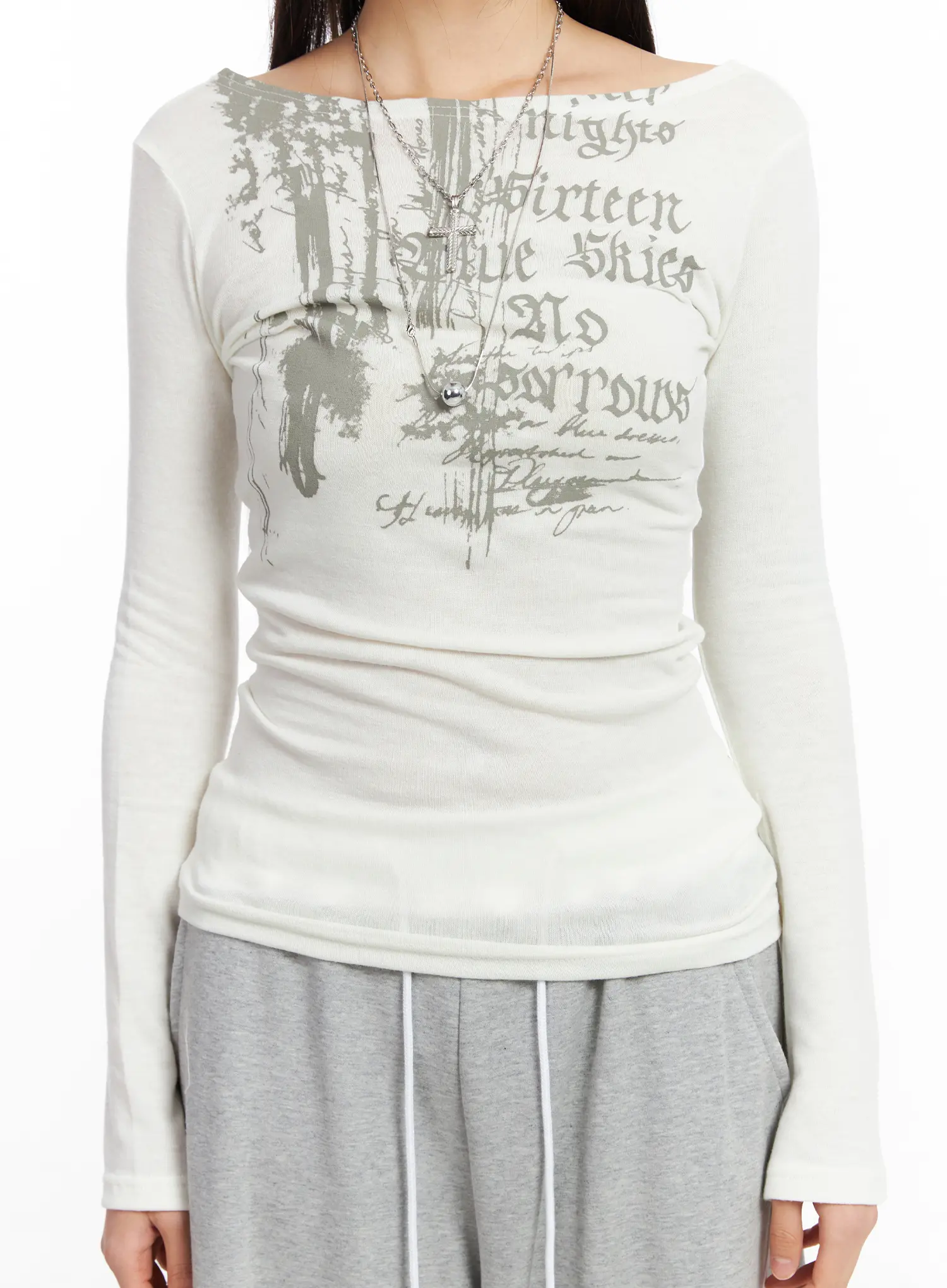 Edgy Boat Neck Graphic Long Sleeve Tee CF506 - Image 5