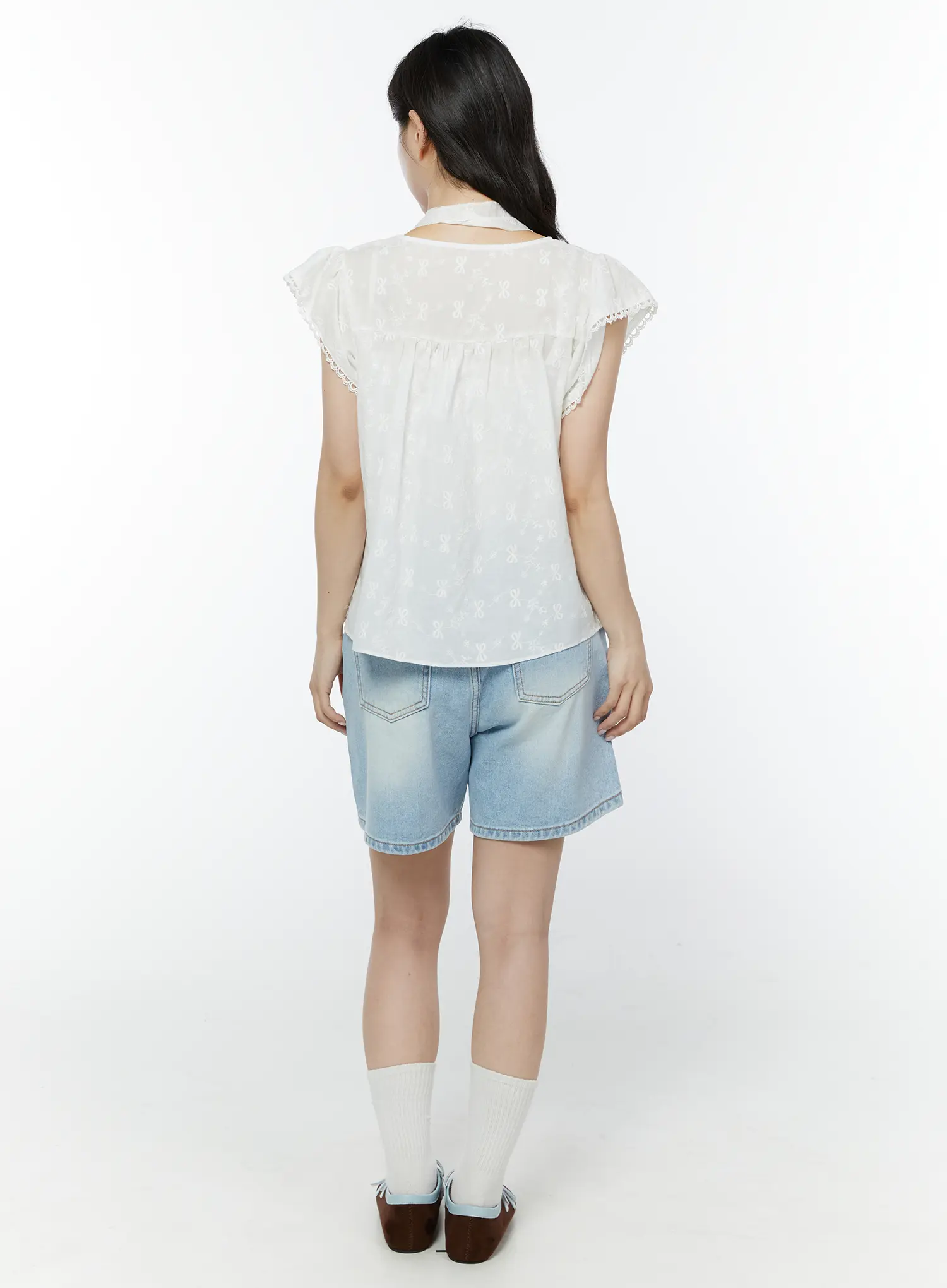 Embroidered Ribbon Blouse And Skinny Scarf Set IY511 - Image 10