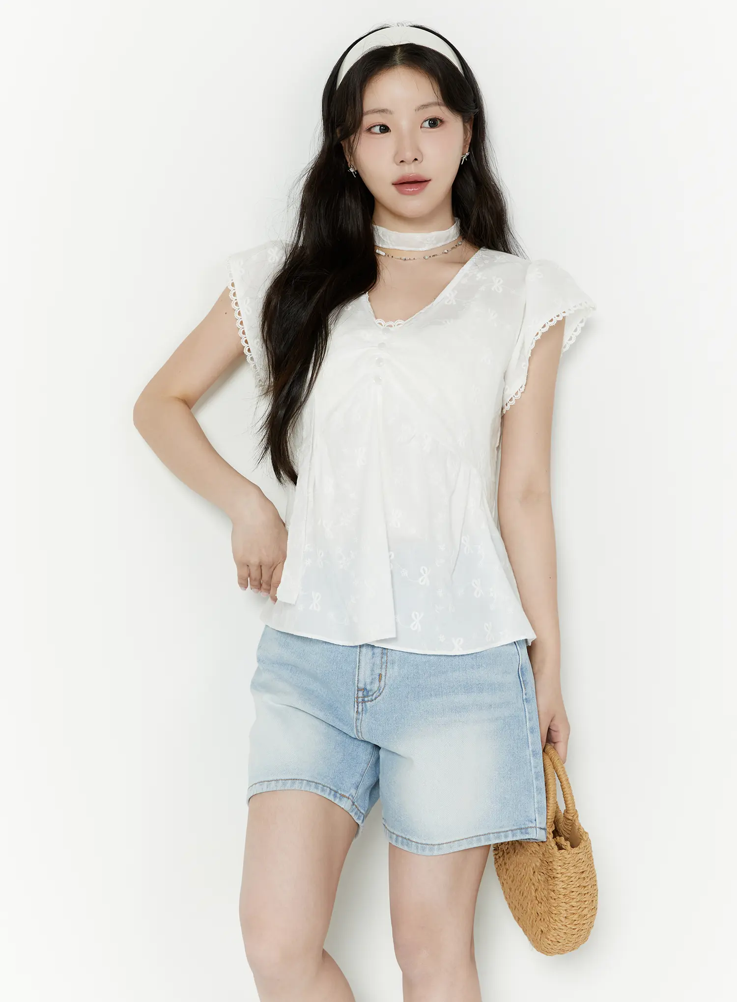 Embroidered Ribbon Blouse And Skinny Scarf Set IY511 - Image 7