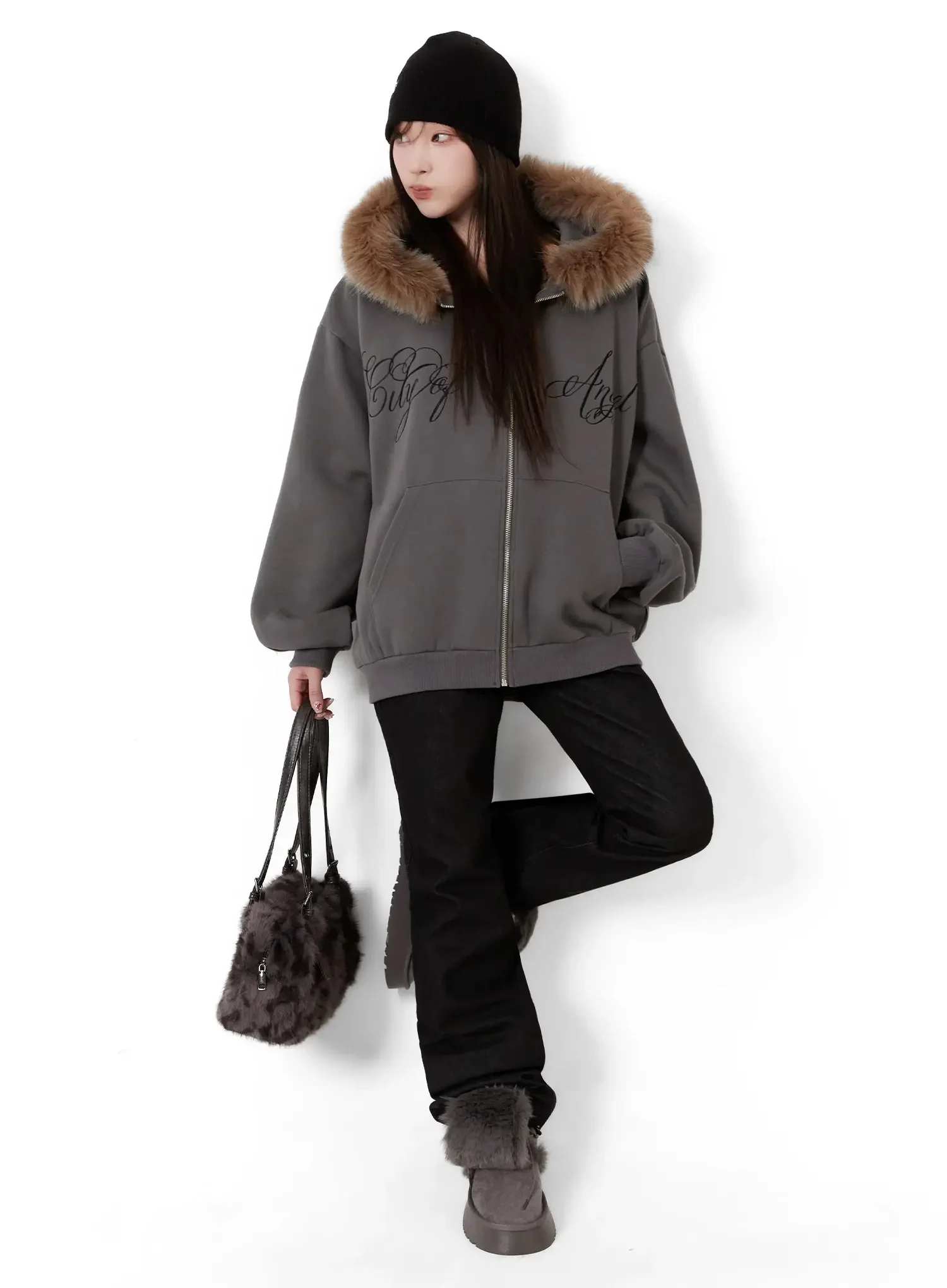 Faux Fur Printed Zip-Up Hoodie ID531 - Image 10