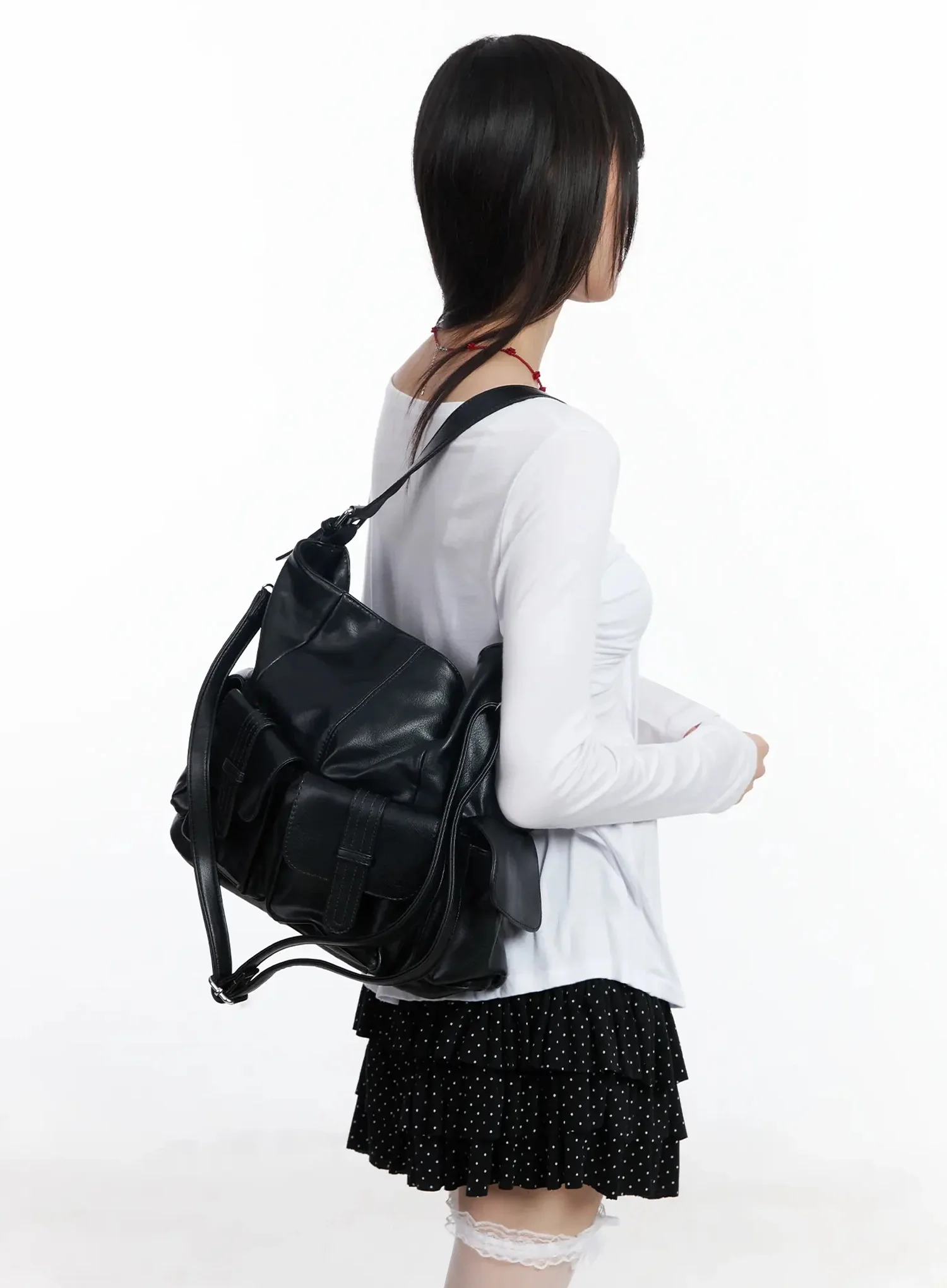 Faux Leather Two-Pocket Shoulder Bag IF505 - Image 3
