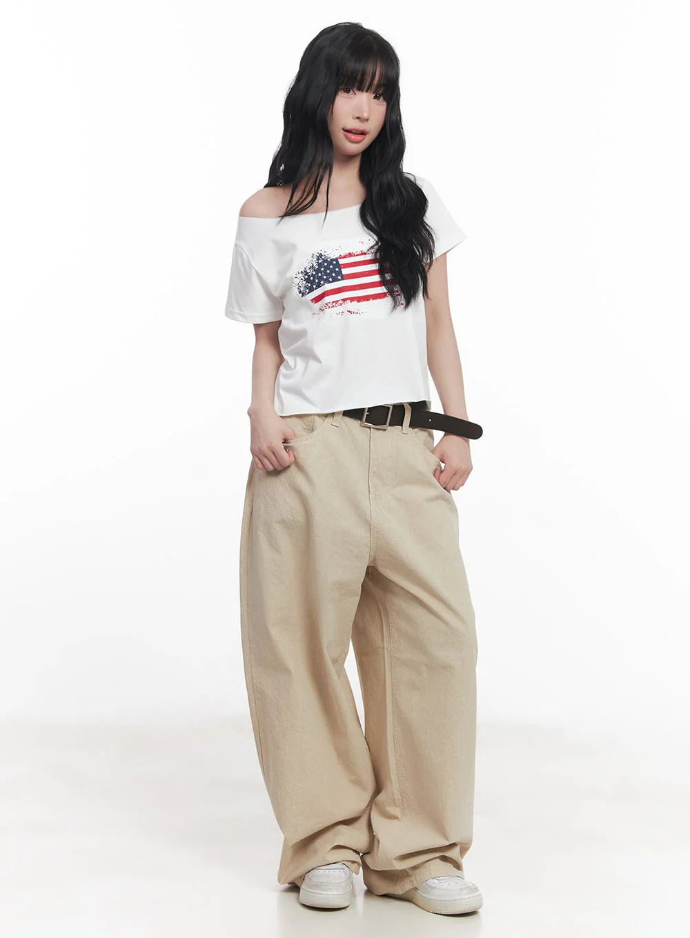 Flag Graphic Off-Shoulder Crop Tee CY527 - Image 3