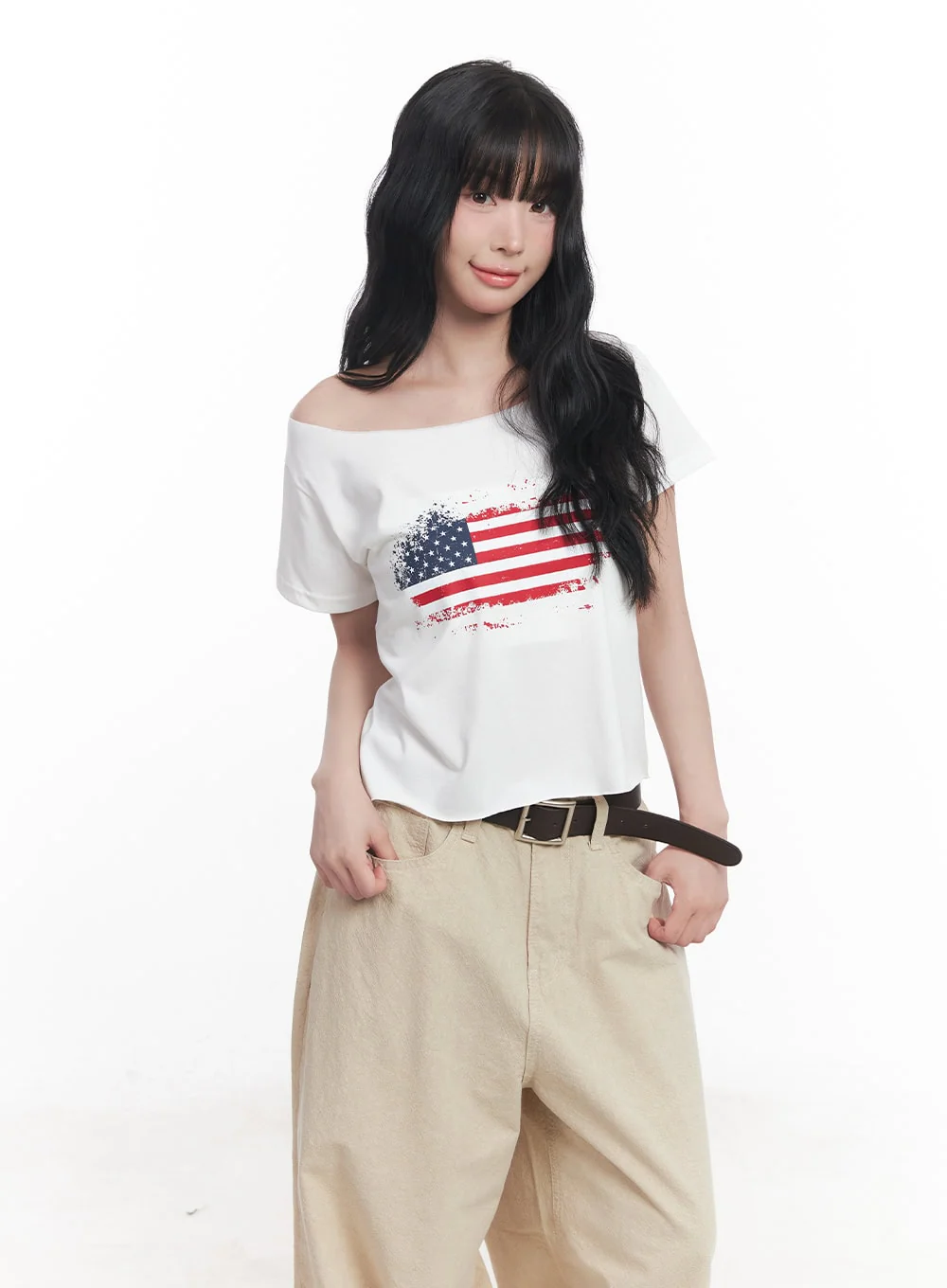 Flag Graphic Off-Shoulder Crop Tee CY527 - Image 8