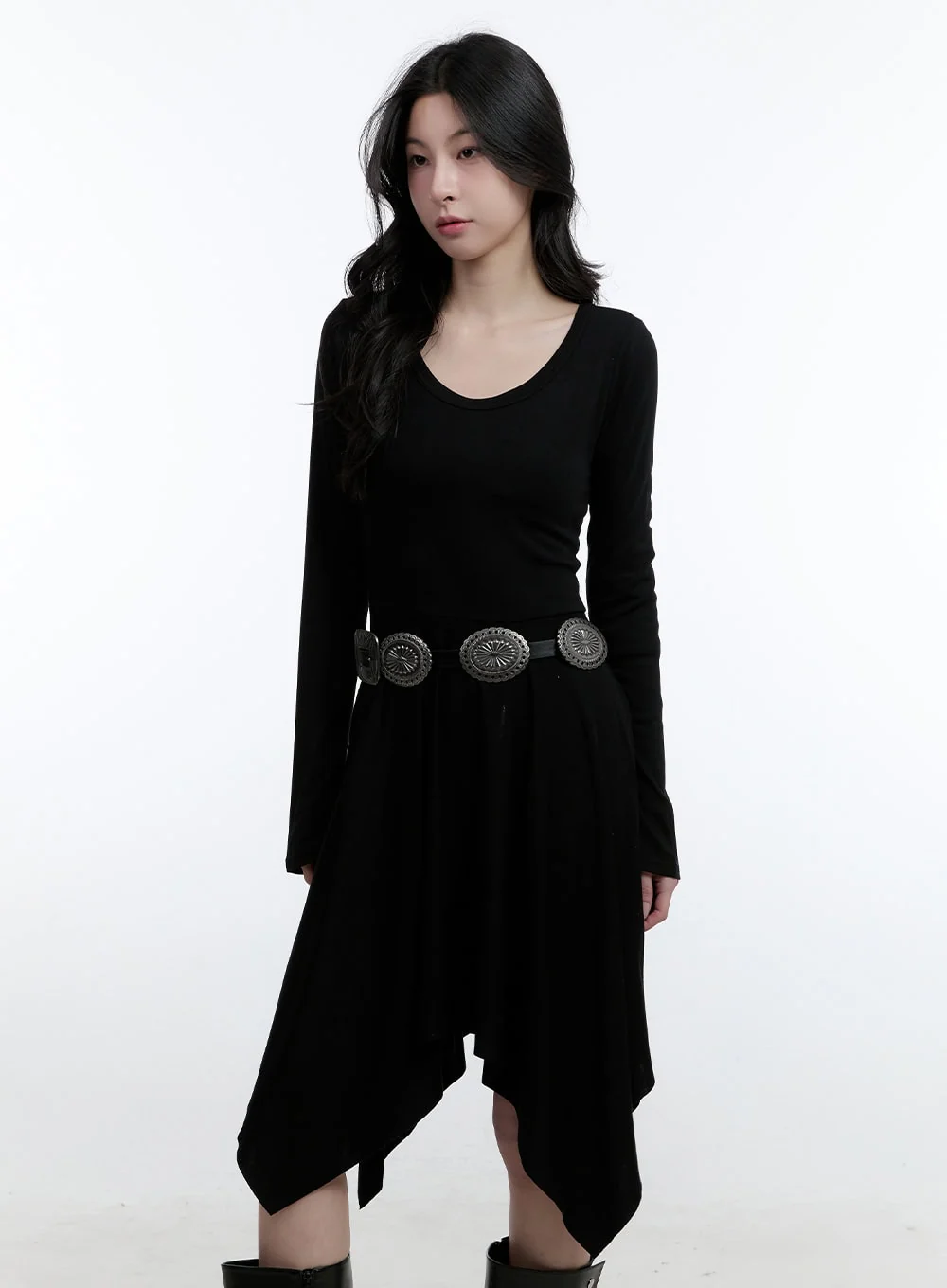 Flared Asymmetric Long Sleeve Midi Dress CJ522