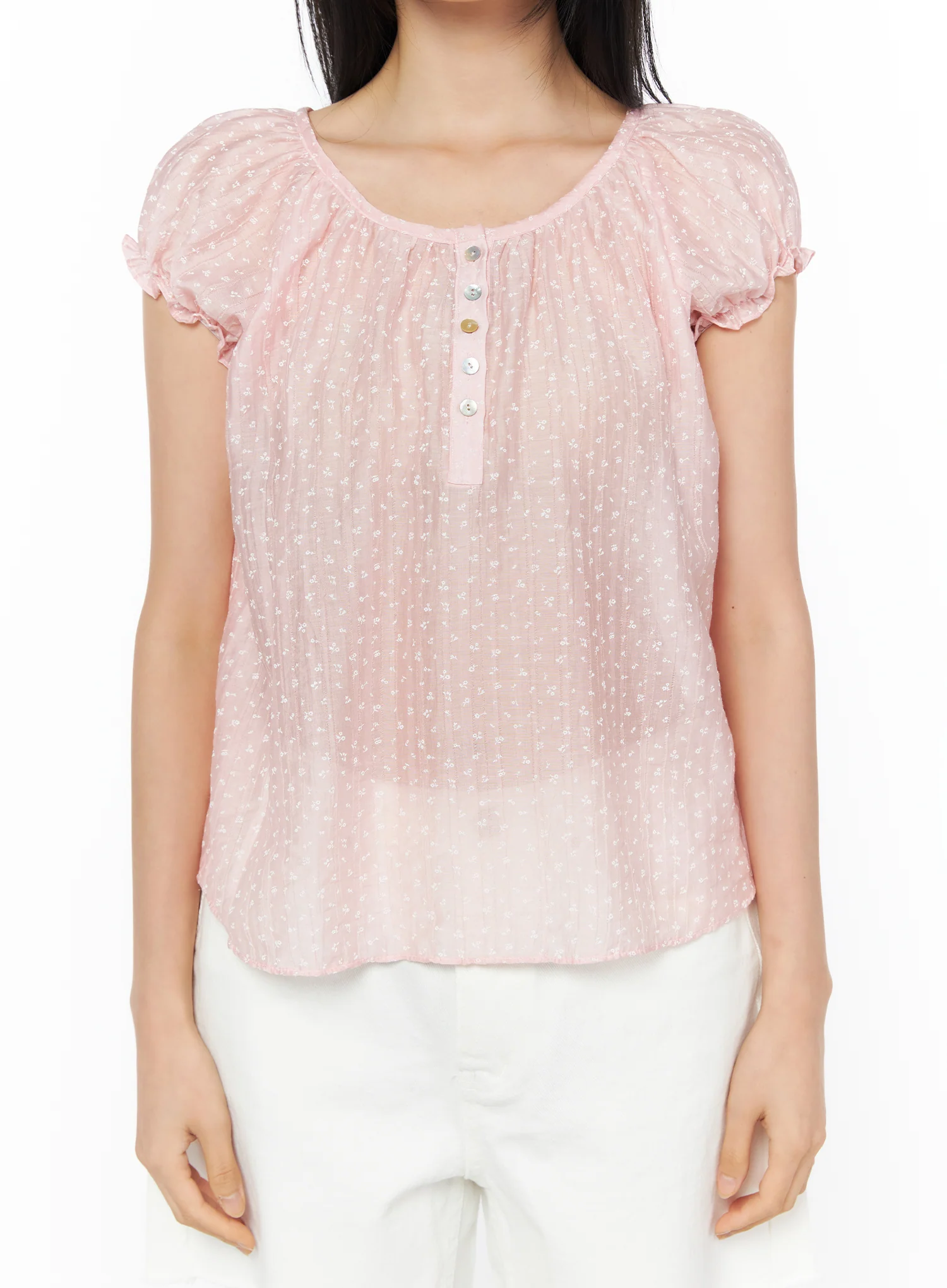 Floral Embroidered Ruffle Henley Blouse IU519 - Image 3