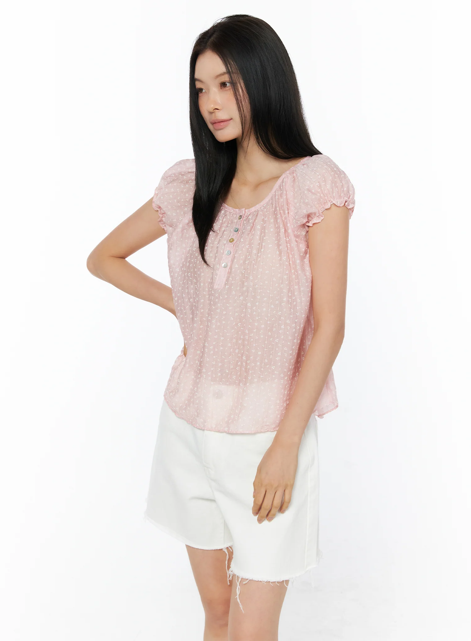 Floral Embroidered Ruffle Henley Blouse IU519 - Image 4