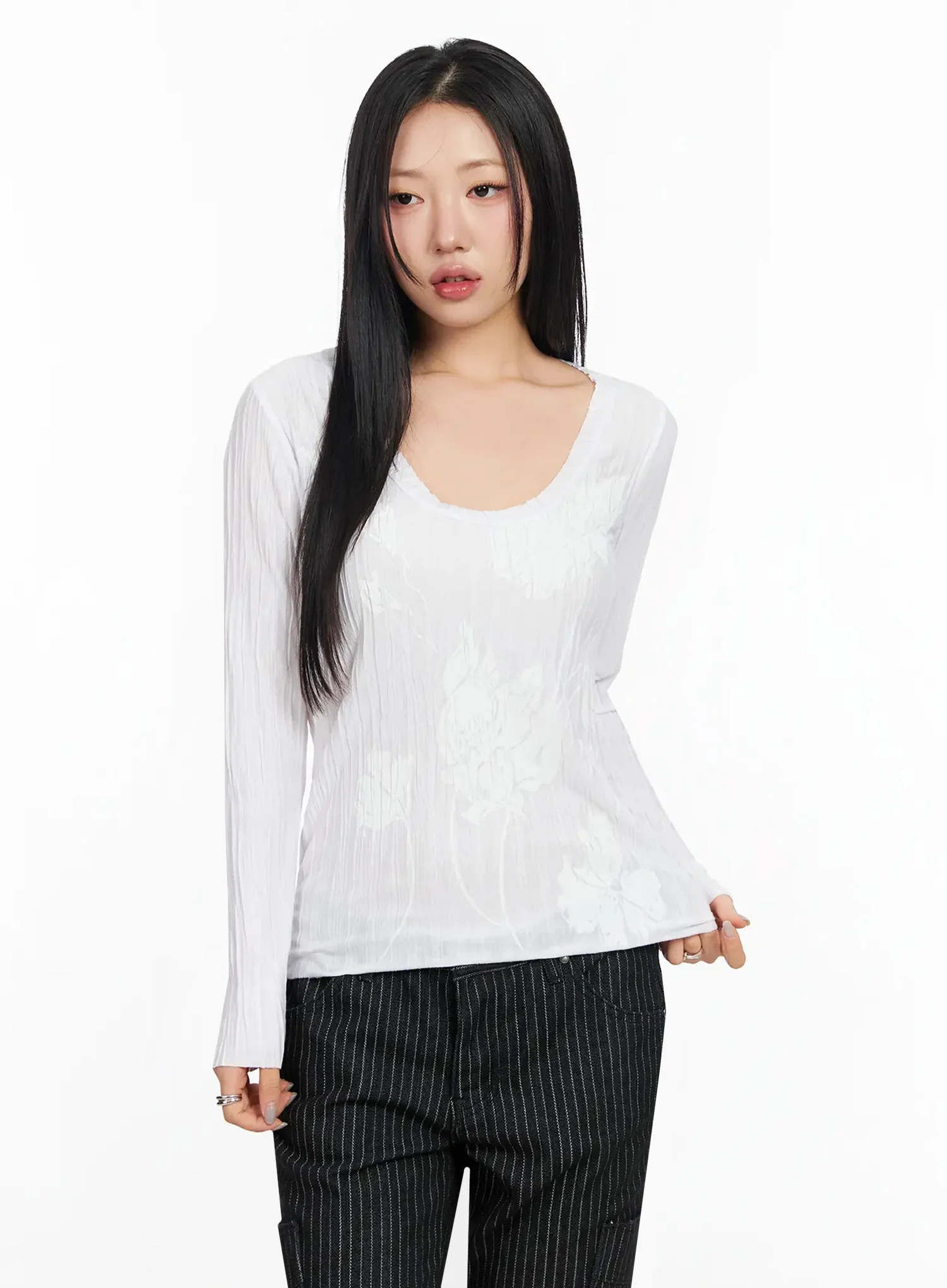 Floral Pleated U-Neck Long Sleeve CA513 - Image 3