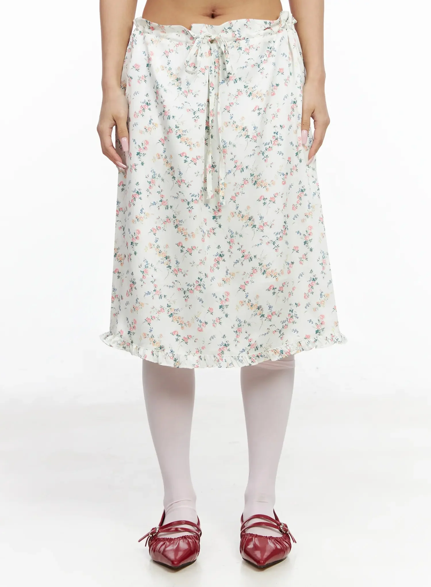Floral Satin Ruffle Hem Midi Skirt IA527