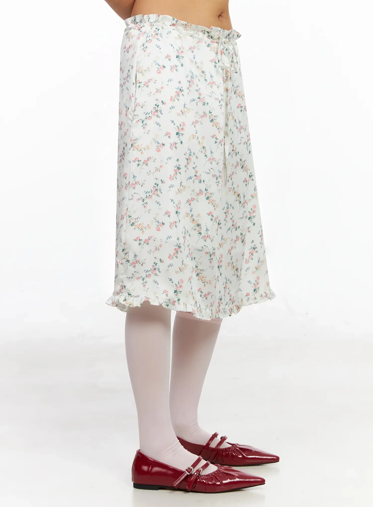 Floral Satin Ruffle Hem Midi Skirt IA527 - Image 10
