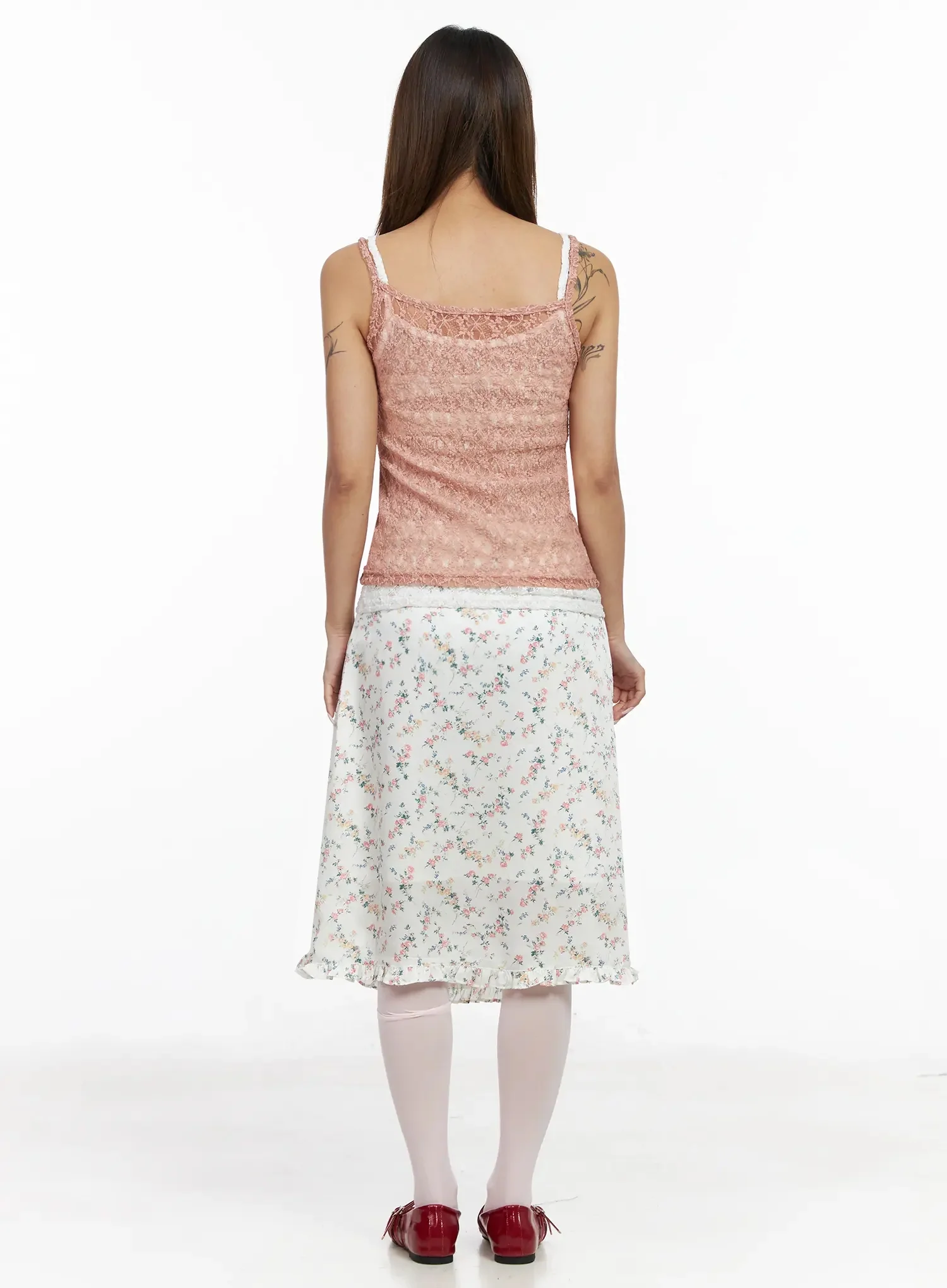 Floral Satin Ruffle Hem Midi Skirt IA527 - Image 9