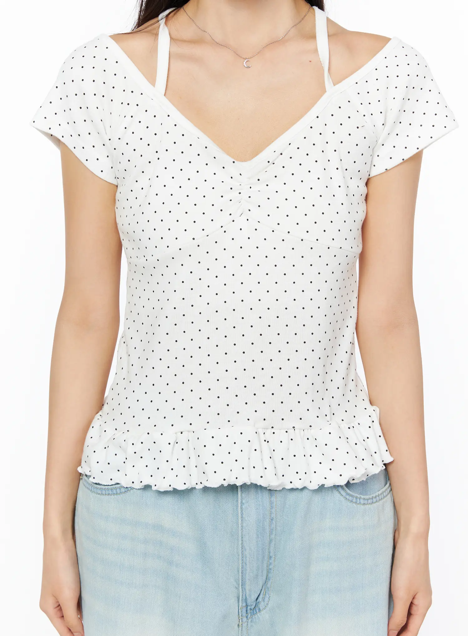 Frill Hem Polka Dot Halter Short Sleeve Top CU522 - Image 5