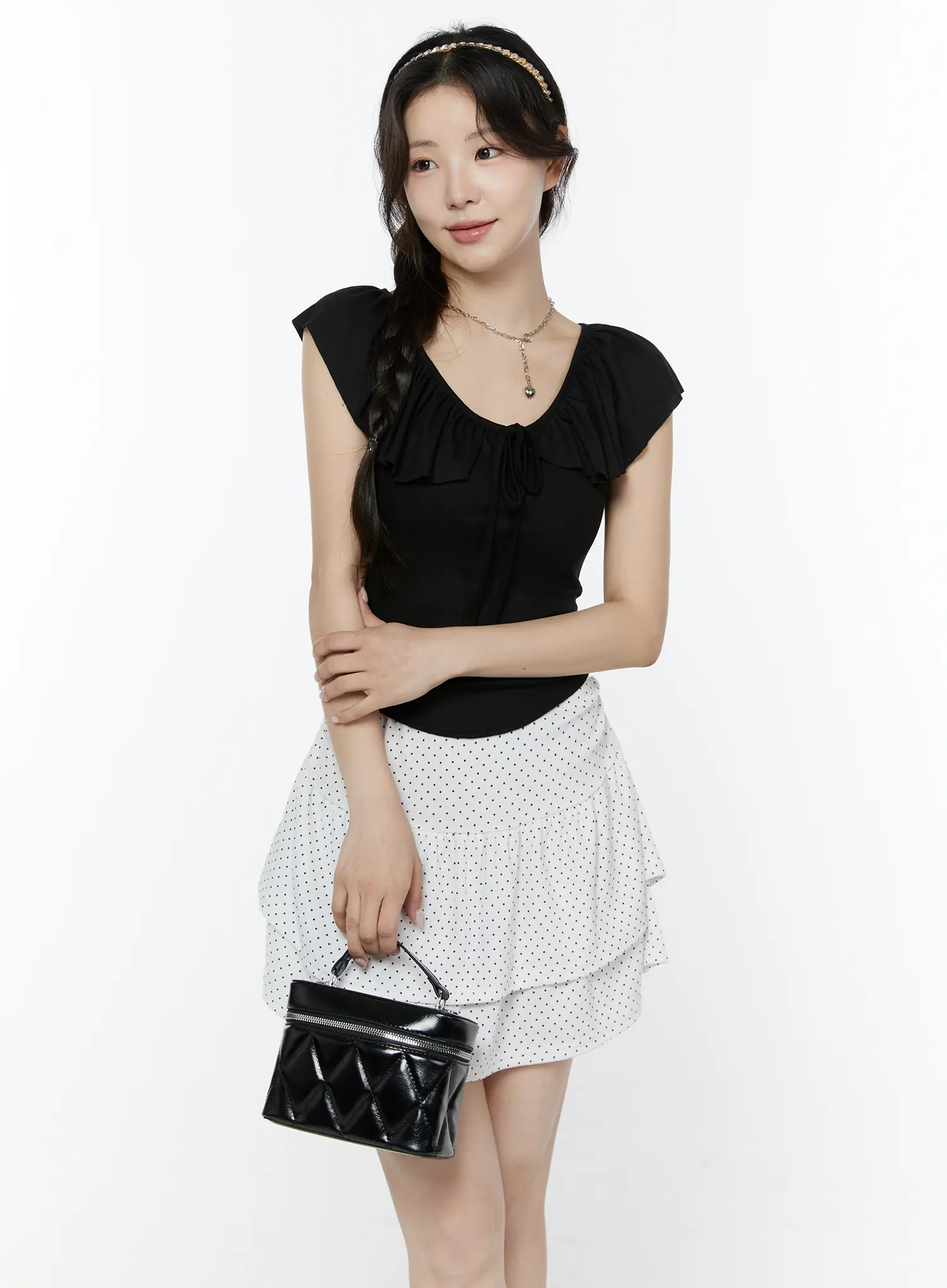 Frill Ribbon V-Neck Off-Shoulder Top IY507