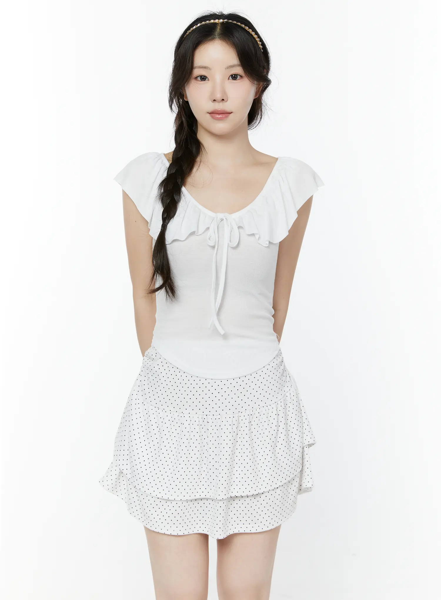 Frill Ribbon V-Neck Off-Shoulder Top IY507 - Image 10