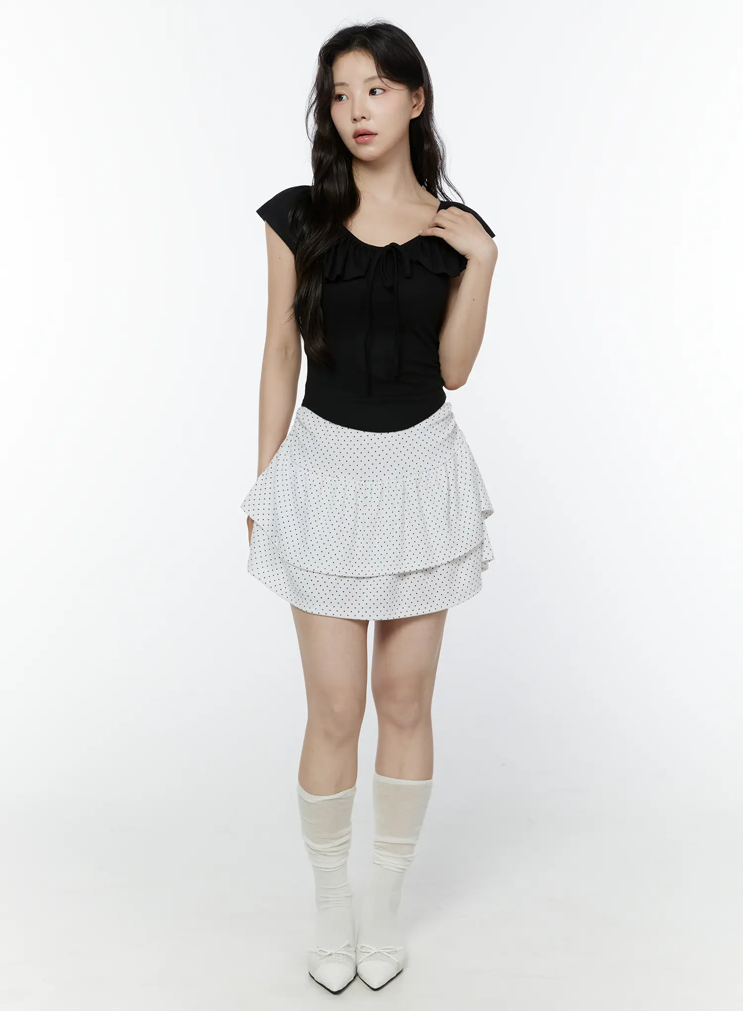 Frill Ribbon V-Neck Off-Shoulder Top IY507 - Image 5