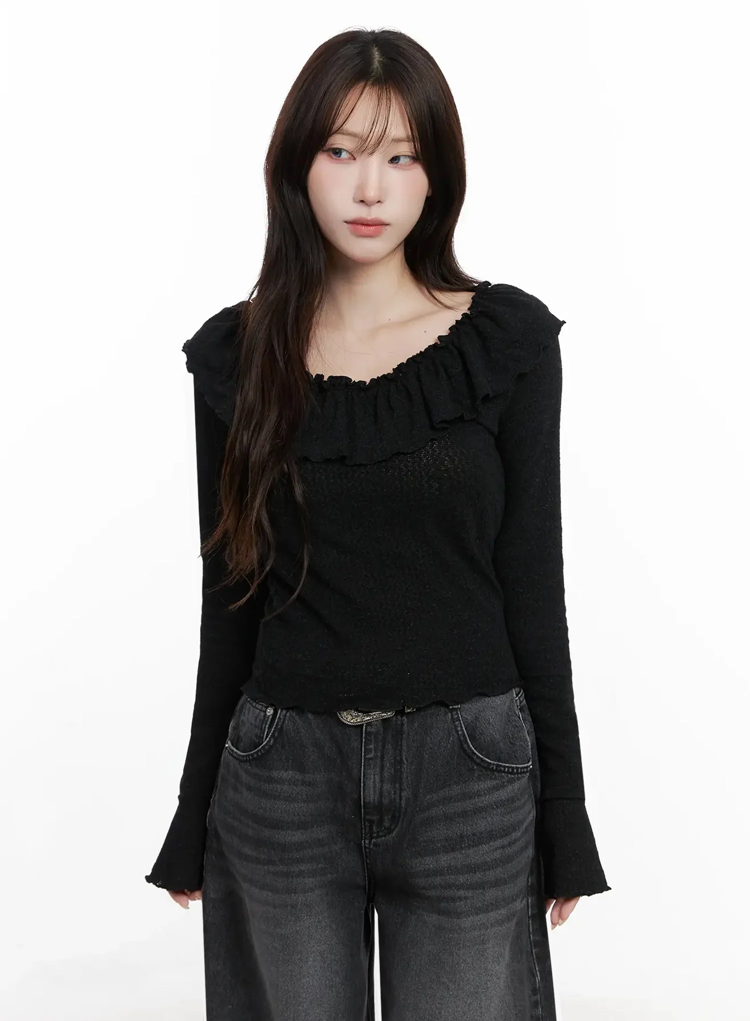 Frilled Off-Shoulder Long Sleeve Top IN514 - Image 12