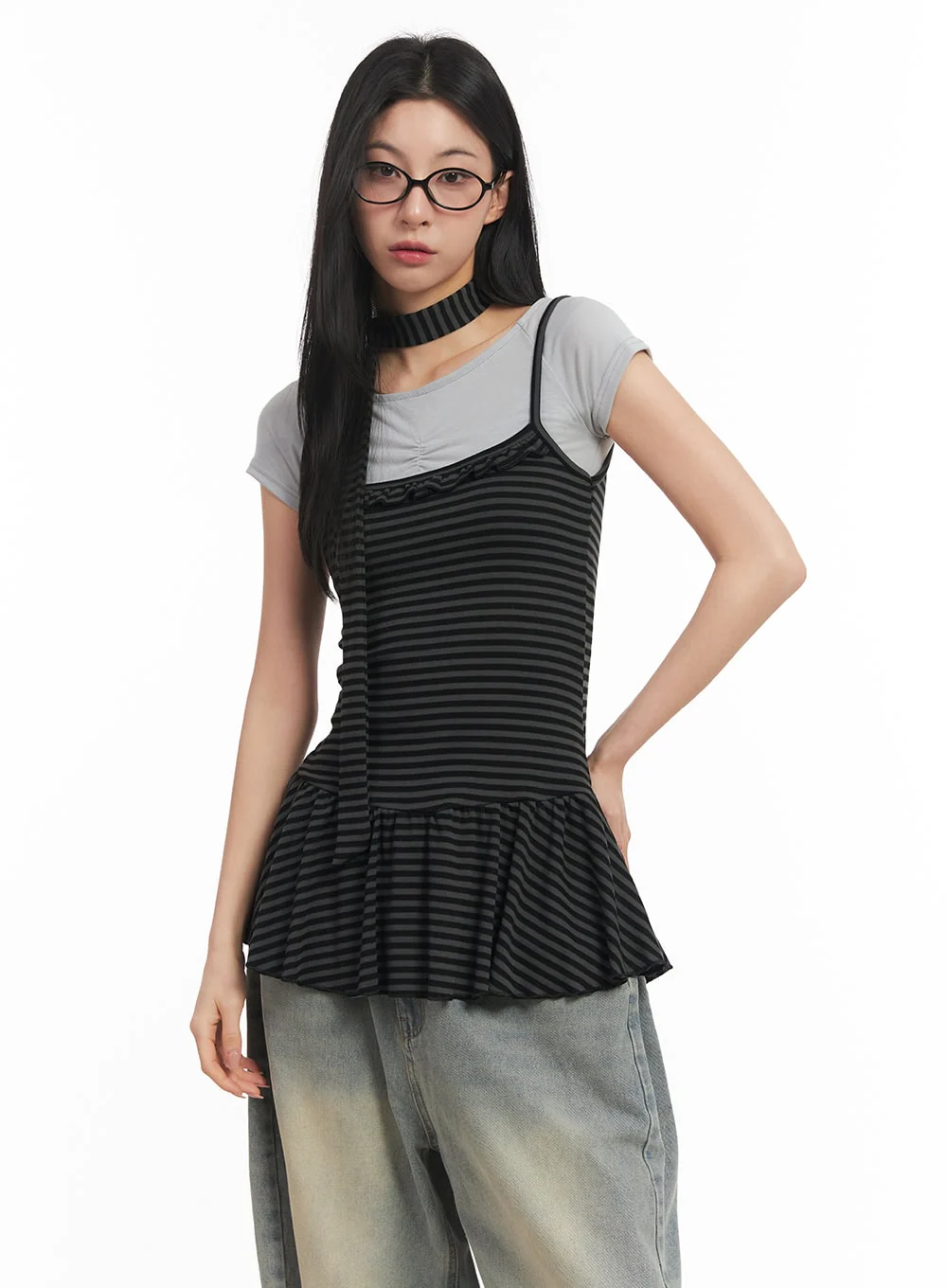 Frilled Stripe Sleeveless Dress & Scarf Set CM504 - Image 2