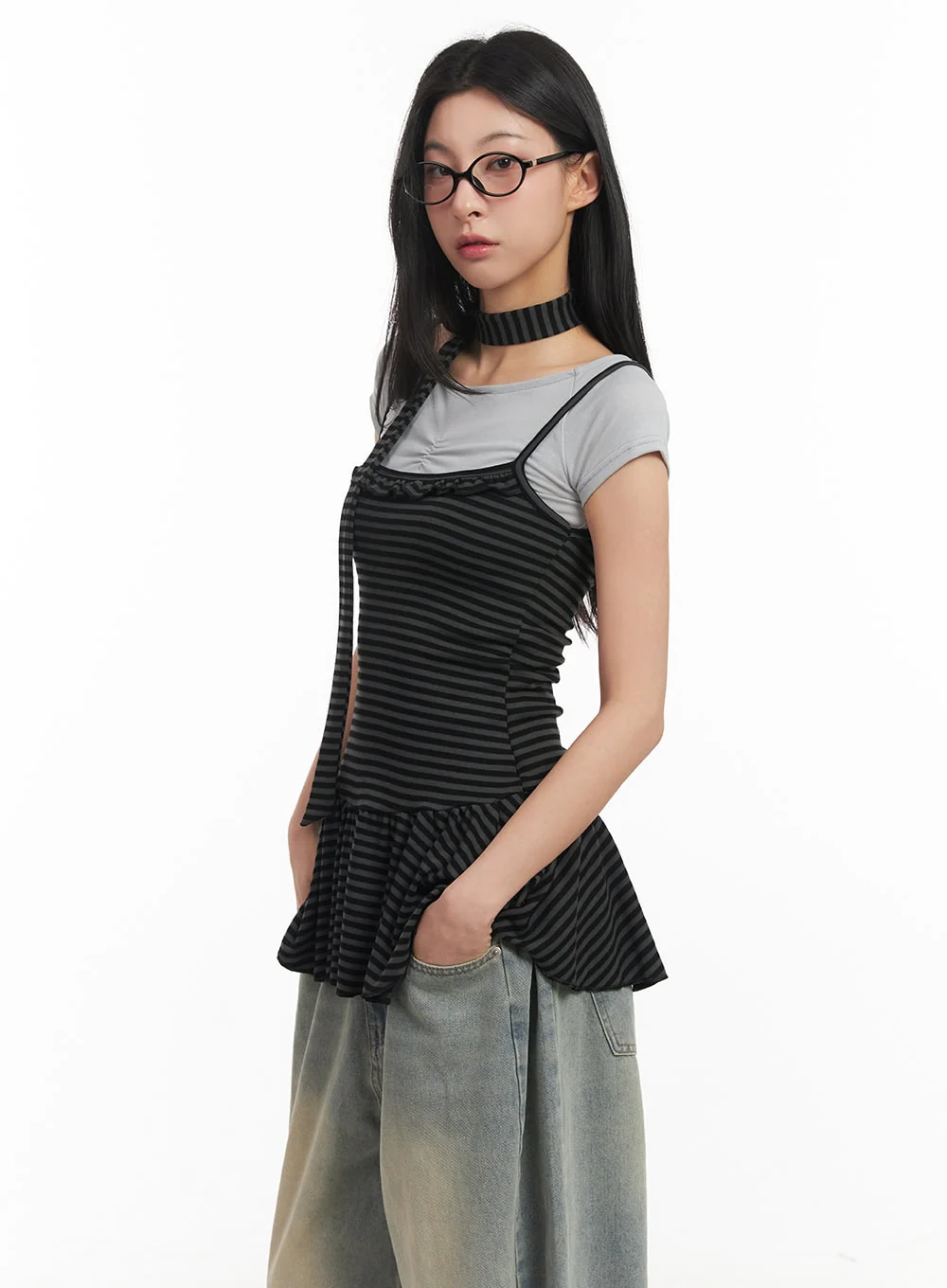 Frilled Stripe Sleeveless Dress & Scarf Set CM504 - Image 6