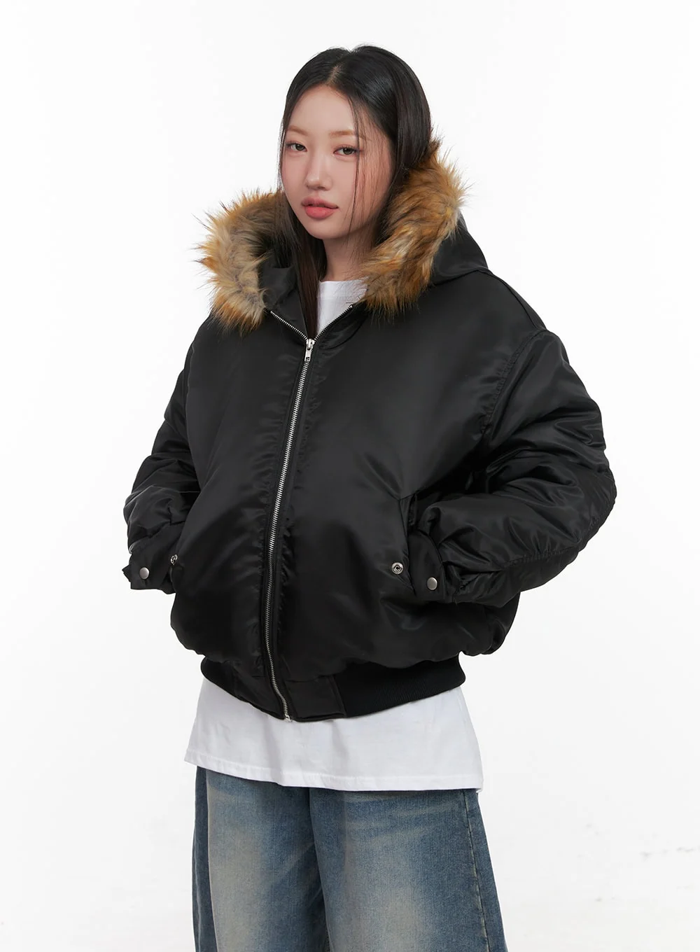 Fur Detail Hooded Bomber Jacket CD411 - Image 11
