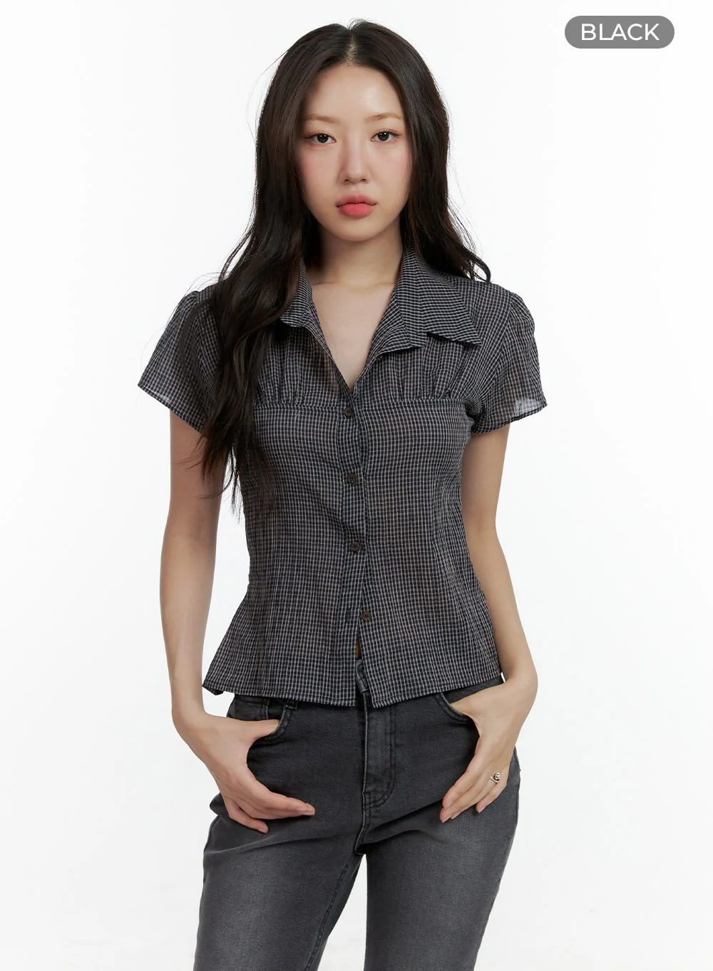 Gingham Buttoned Collar Short Sleeve Blouse CL410 - Image 7