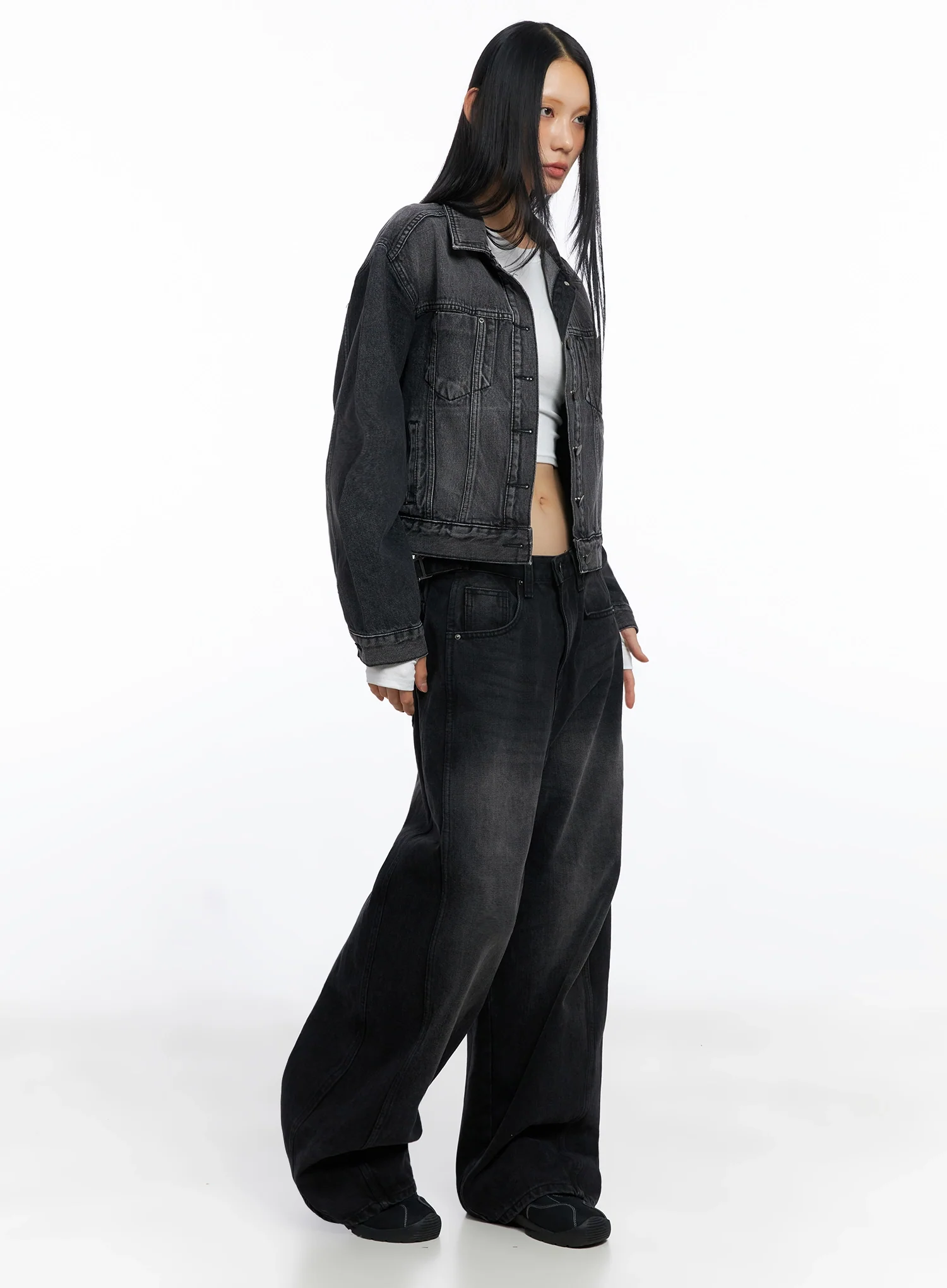 Goffel Side Belt Washed Wide Denim Pants IO517 - Image 12