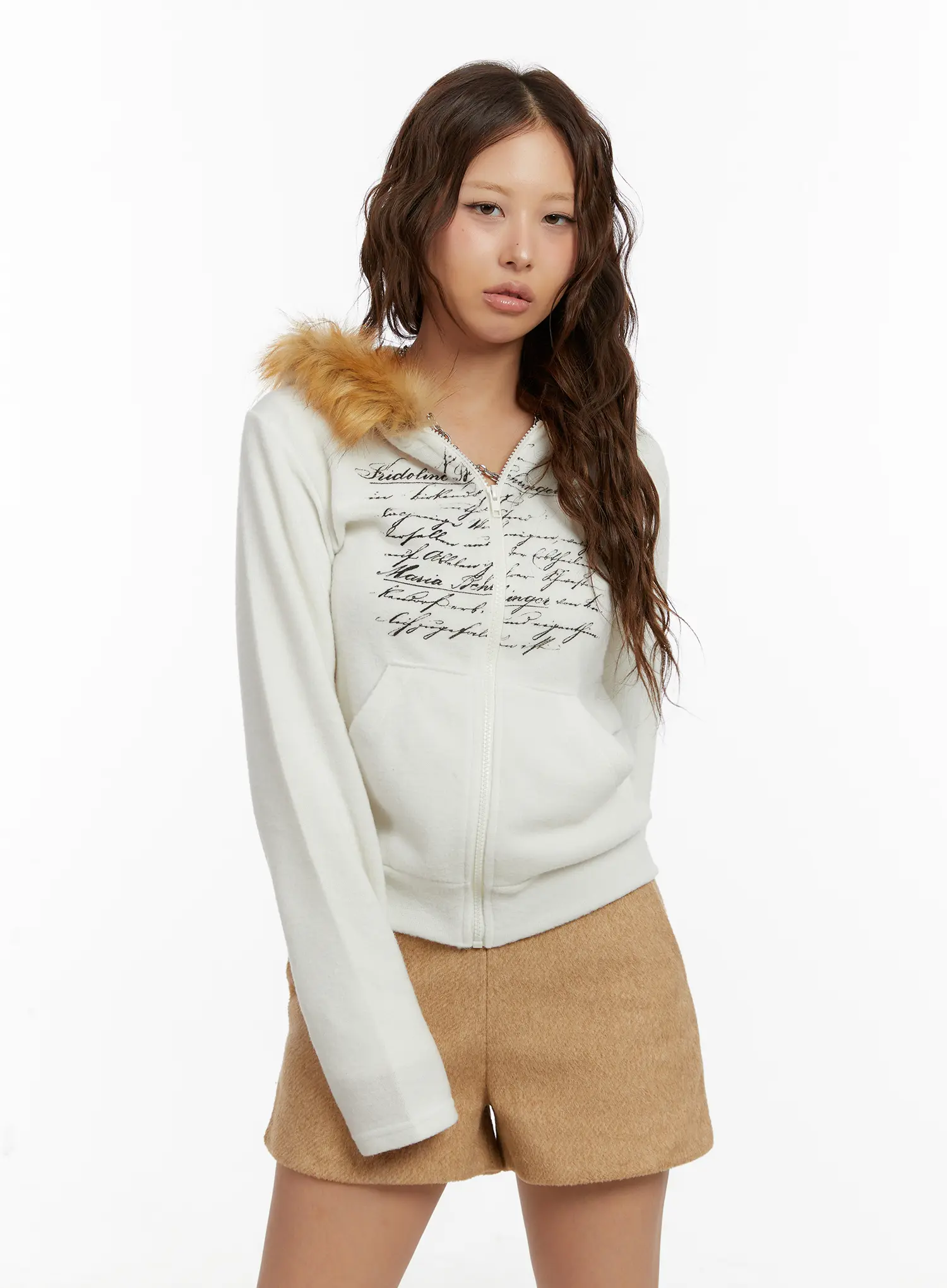 Graphic Faux Fur Trim Zip-Up Hoodie CD512 - Image 6