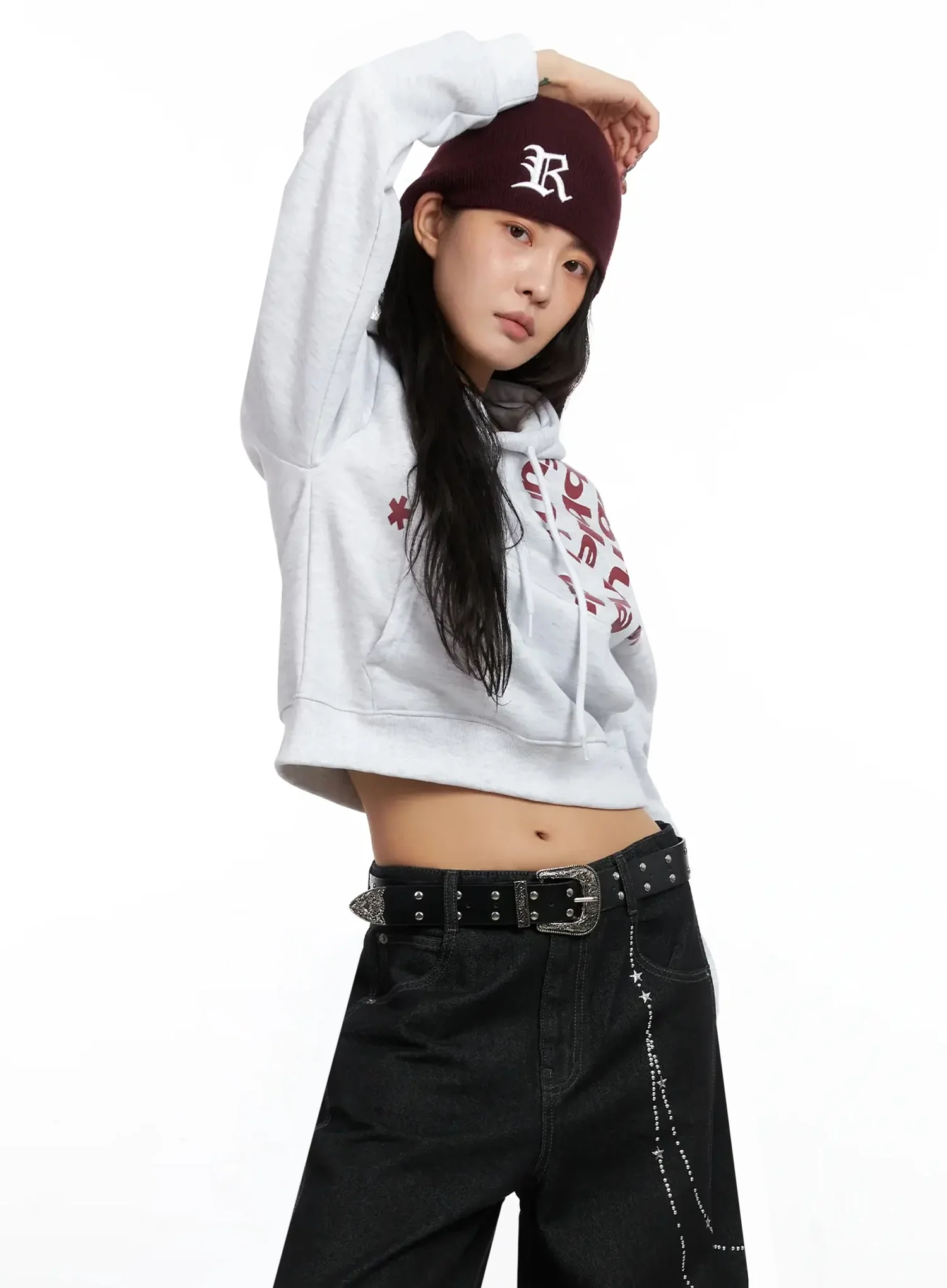 Graphic Print Fleece Cropped Hoodie IN528