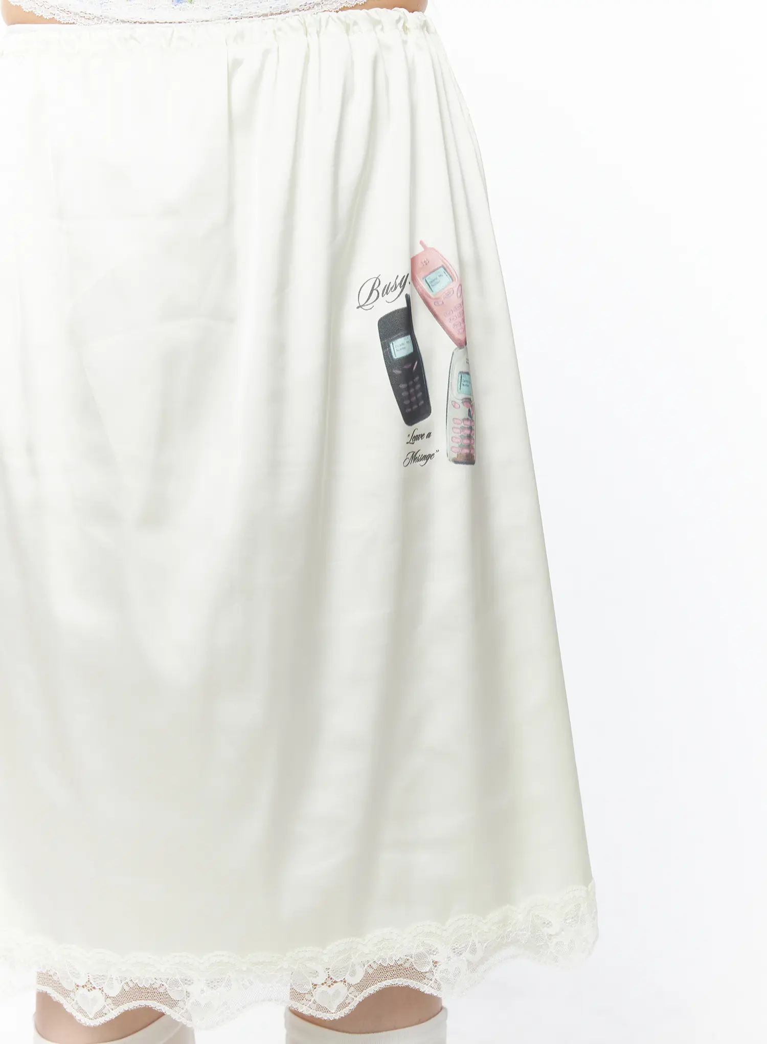 Graphic Print Satin Lace-Trim Midi Skirt CU503 - Image 8
