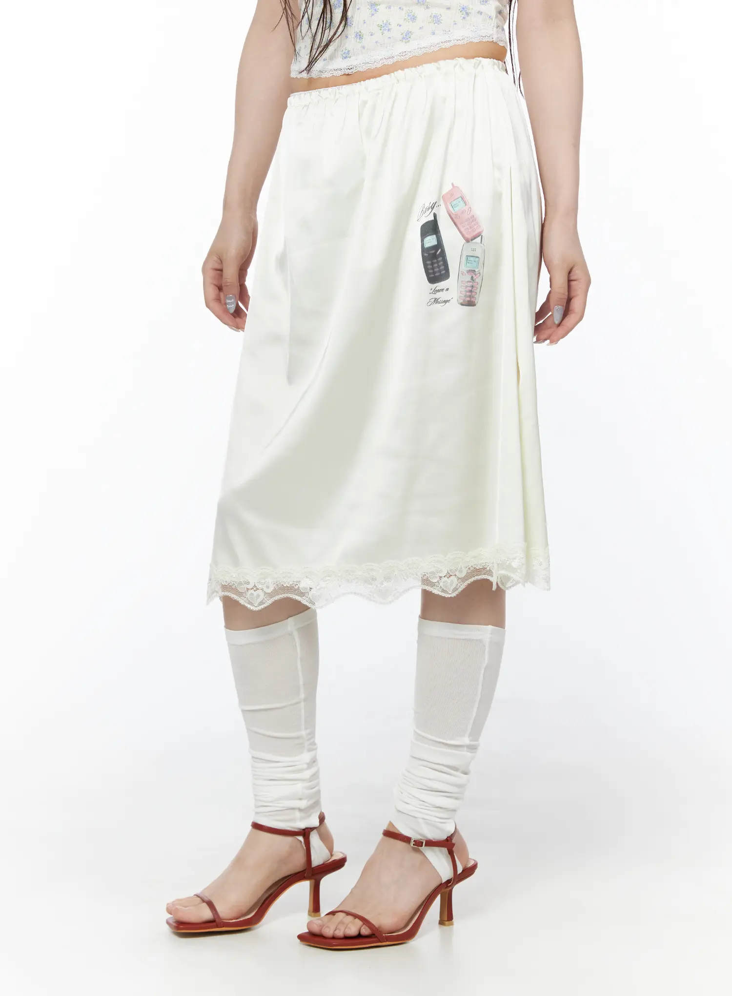 Graphic Print Satin Lace-Trim Midi Skirt CU503 - Image 9