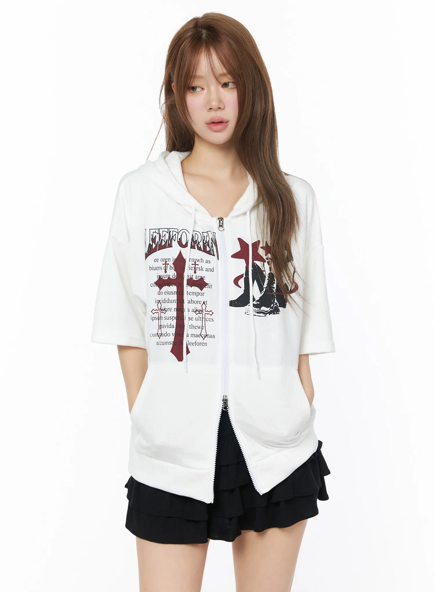 Graphic Short Sleeve Zip-Up Hoodie IU525 - Image 11