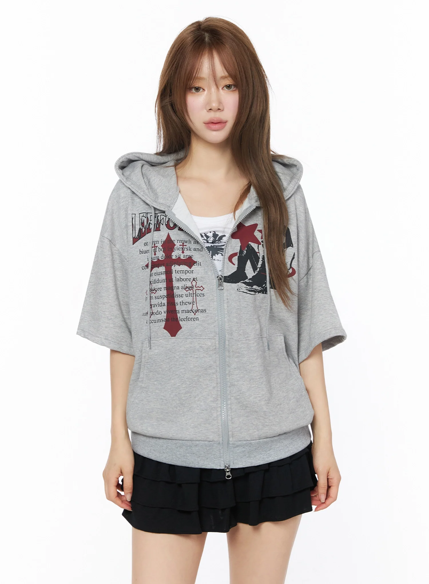 Graphic Short Sleeve Zip-Up Hoodie IU525 - Image 14