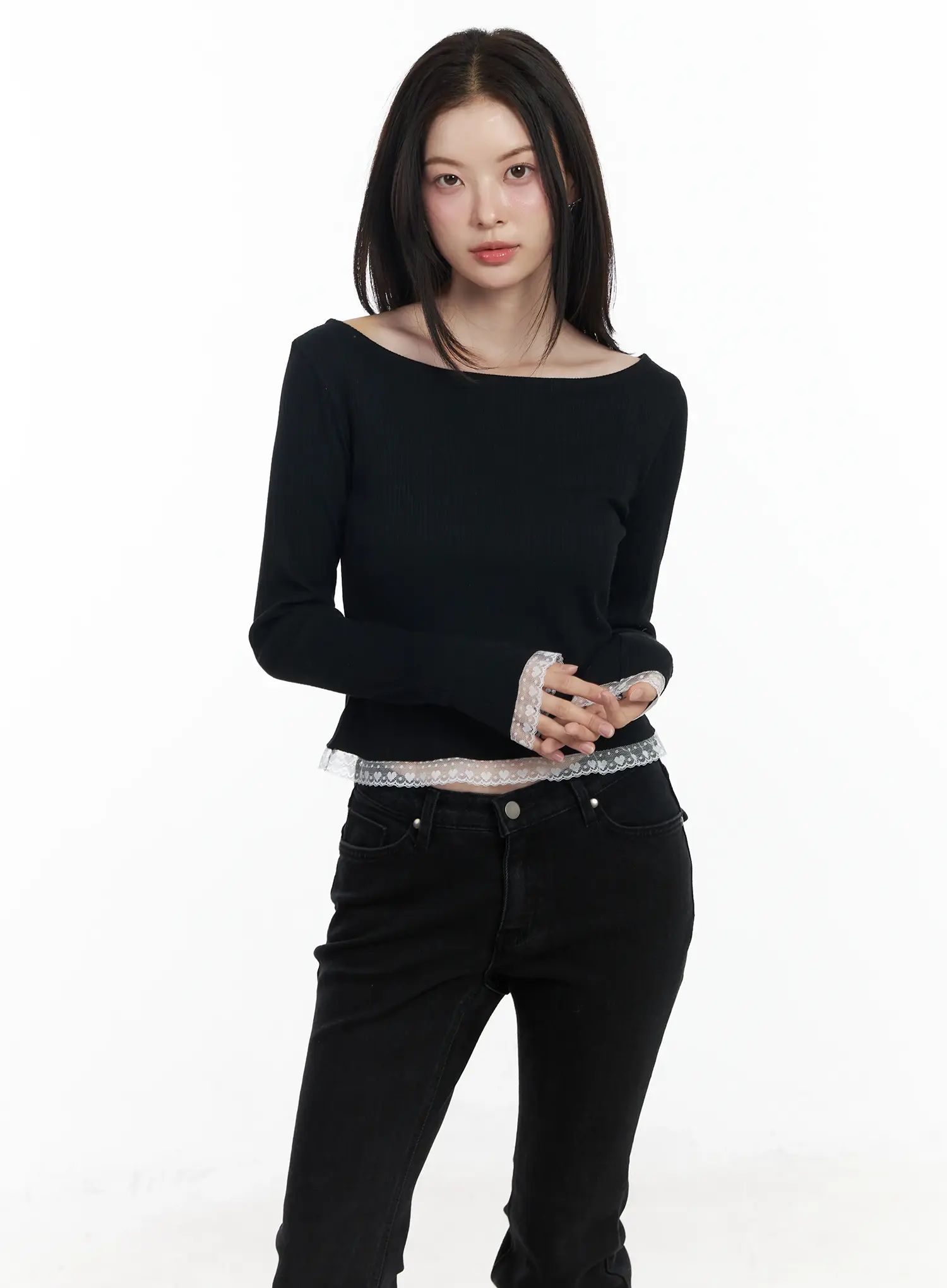 Heart Lace Frill Hem Boat-Neck Top IF520 - Image 14