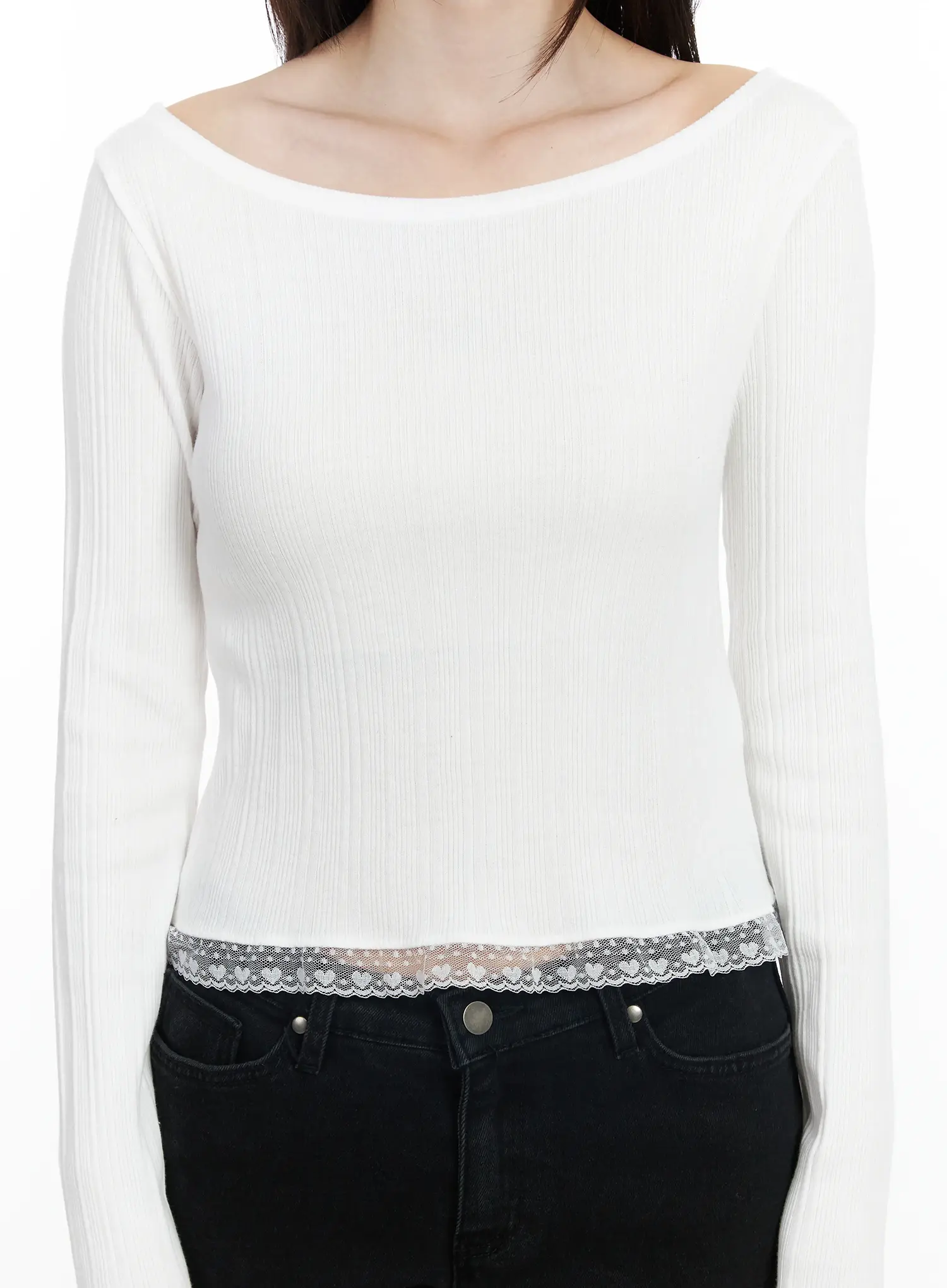 Heart Lace Frill Hem Boat-Neck Top IF520 - Image 6