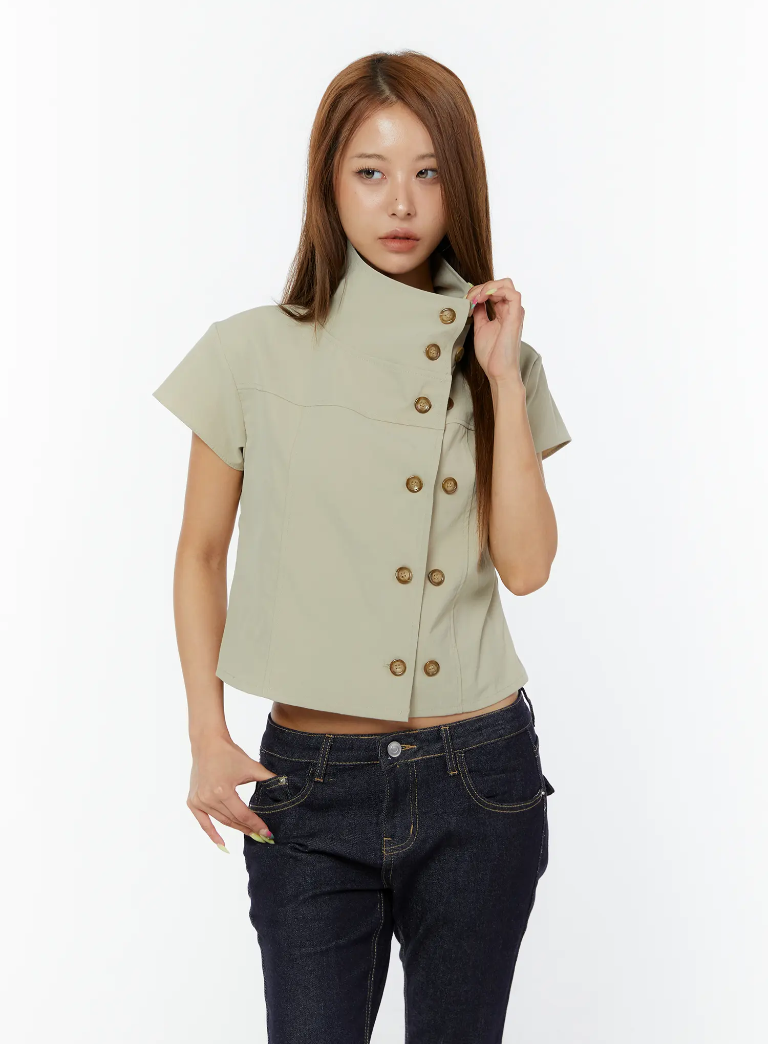 High Neck Buttoned Short Sleeve Jacket CY520 - Image 2