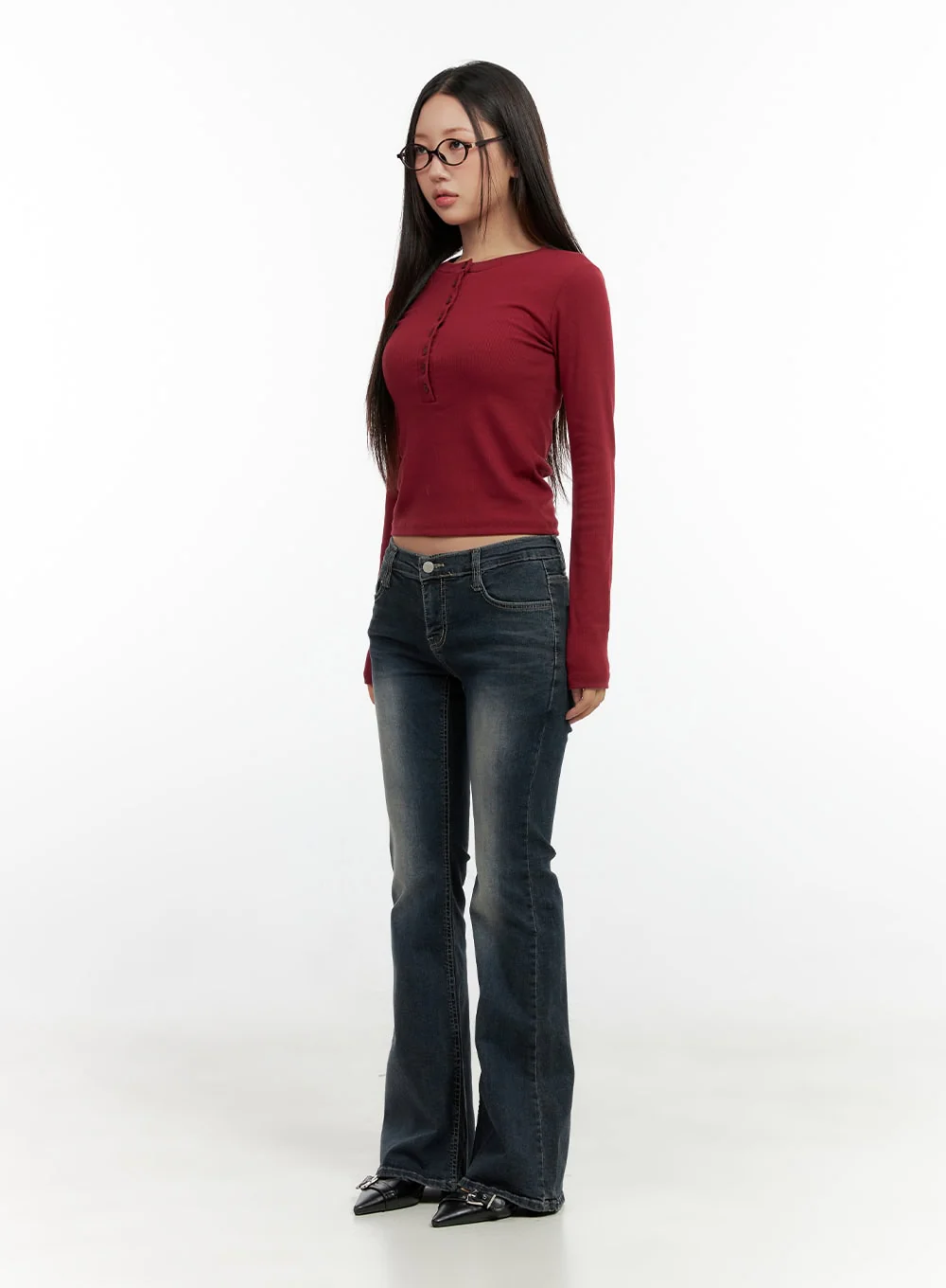 Ingrid Low-Rise Washed Flared Hip Pad Denim Jeans CN404 - Image 4