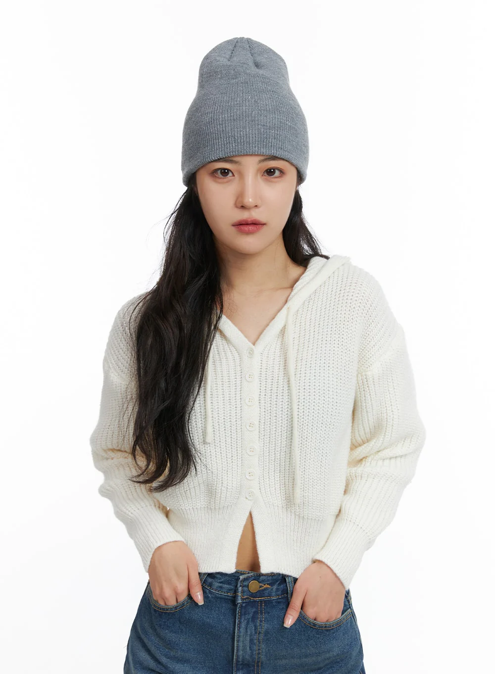 Knit Button Crop Hoodie OJ429 - Image 2