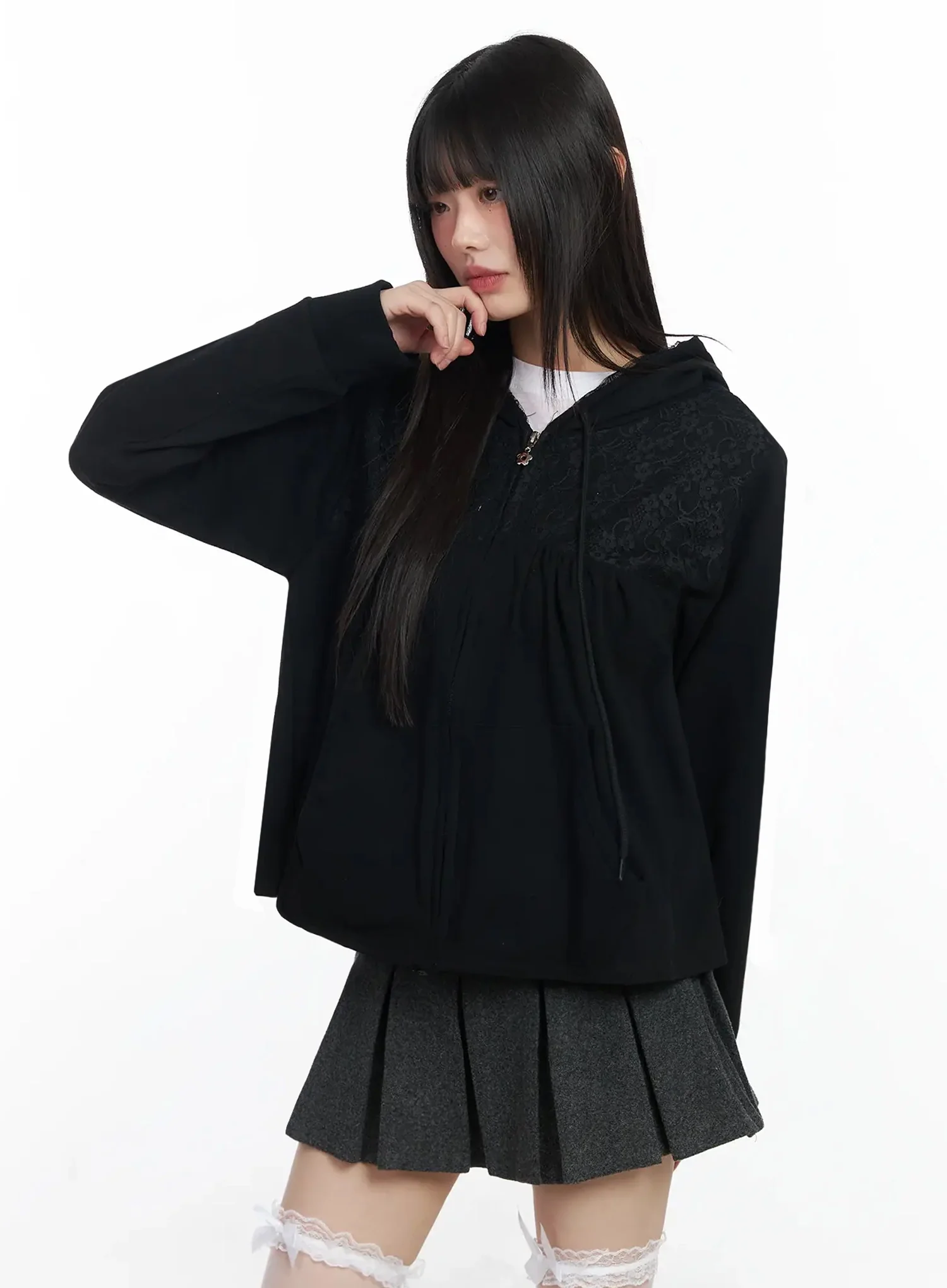 Lace Accent Zip-Up Hoodie IF505 - Image 18