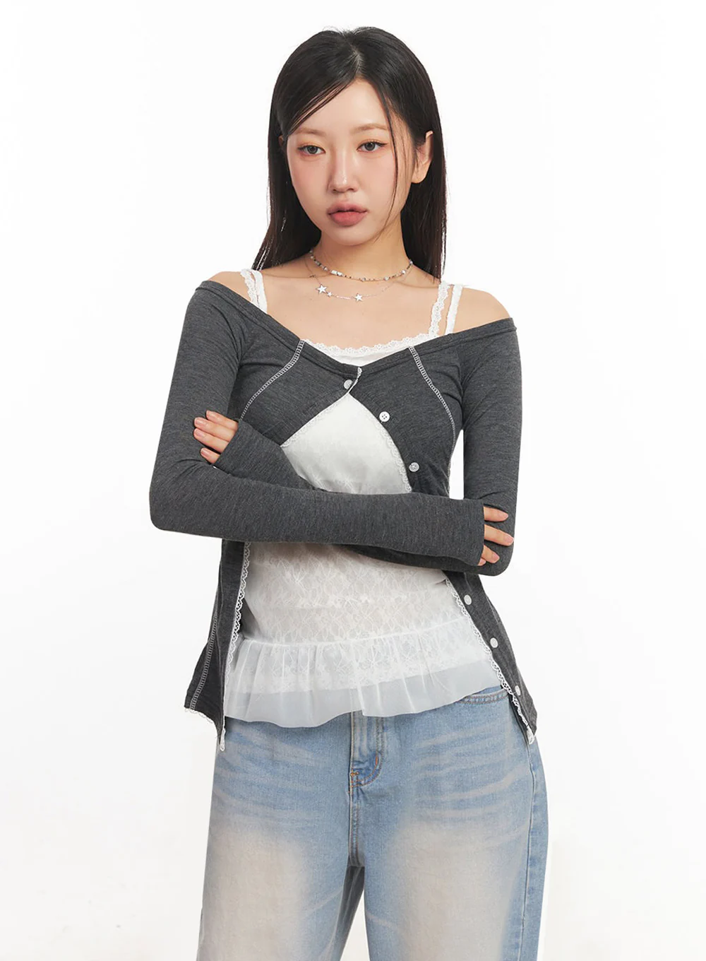 Lace Buttoned Off-Shoulder Cardigan IA524 - Image 2