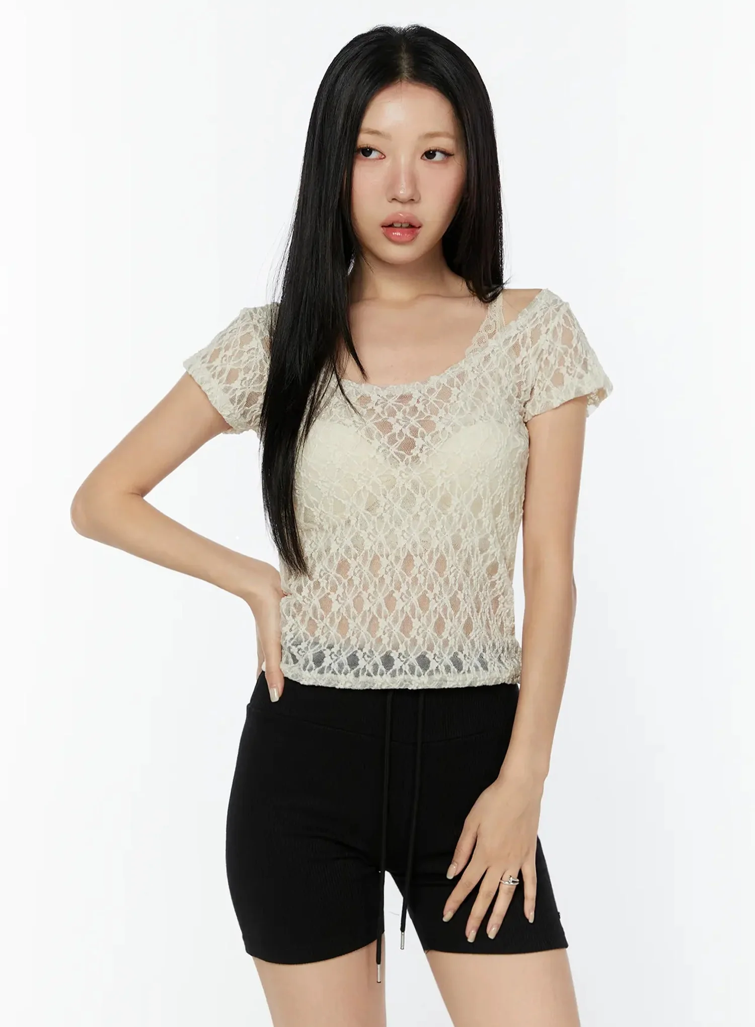 Lace Sheer Cap Sleeve Top IU522 - Image 2